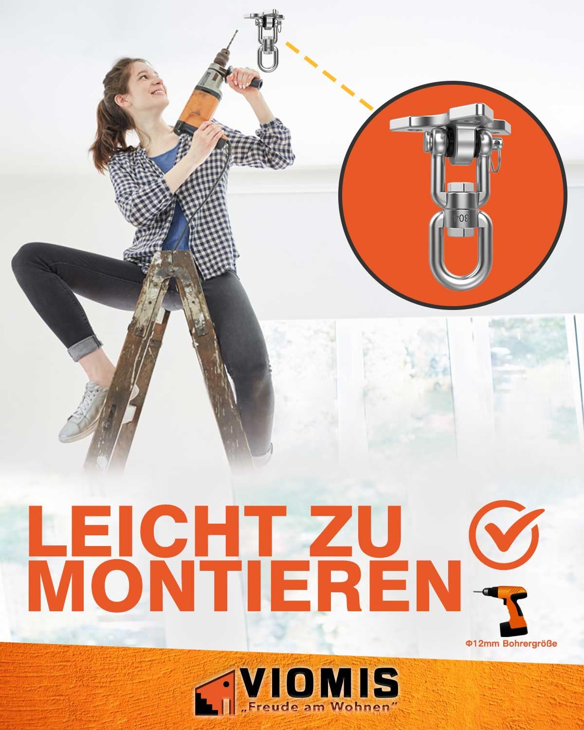Gancio da soffitto in acciaio inox girevole a 360° – universale per altalene, amache e sacchi da boxe, capacità di carico 450 kg, per interni ed esterni