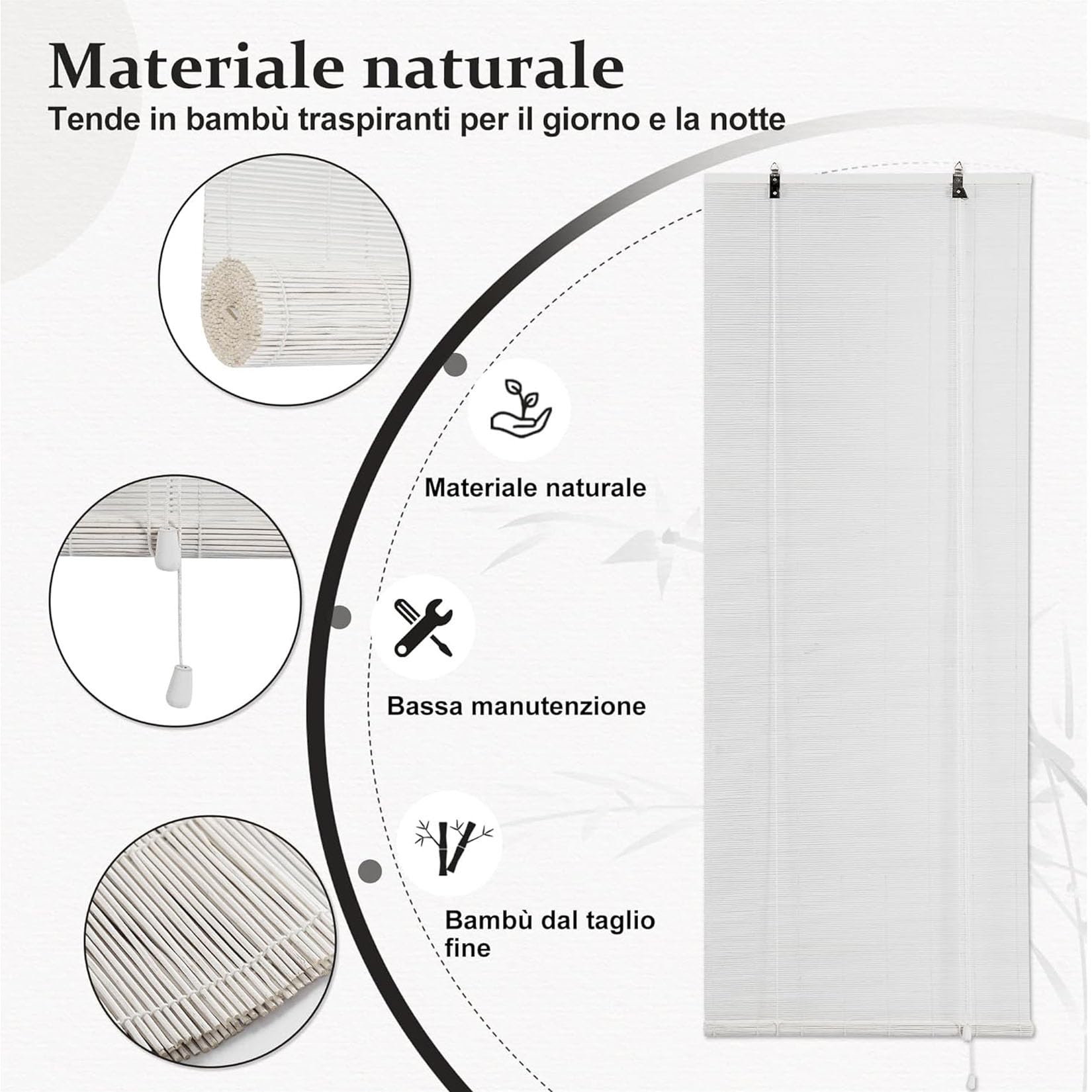 L140xH160cmBlanc Store Enrouleur Bambou Naturel sans Perçage,Store Occultant Anti-UV pour Fenêtre et Porte,Protection Solaire Respirant,Intérieur Extérieur pour Chambre Cuisine Terrasse
