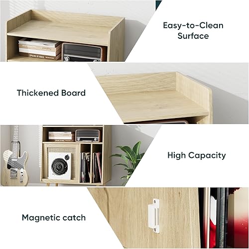 Miniatura 4 de Soporte para tocadiscos con almacenamiento de discos de vinilo, soporte giratorio con puerta de armario de ratán con capacidad para hasta 200