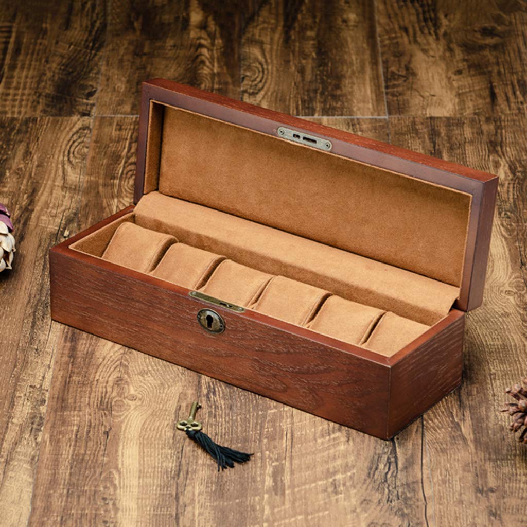 Caja de reloj de madera para hombres, mujeres, 6 ranuras, joyería, pulsera, exhibición, caja de almacenamiento, organizador de escaparate con almohadas suaves y cerradura de metal con cerradura