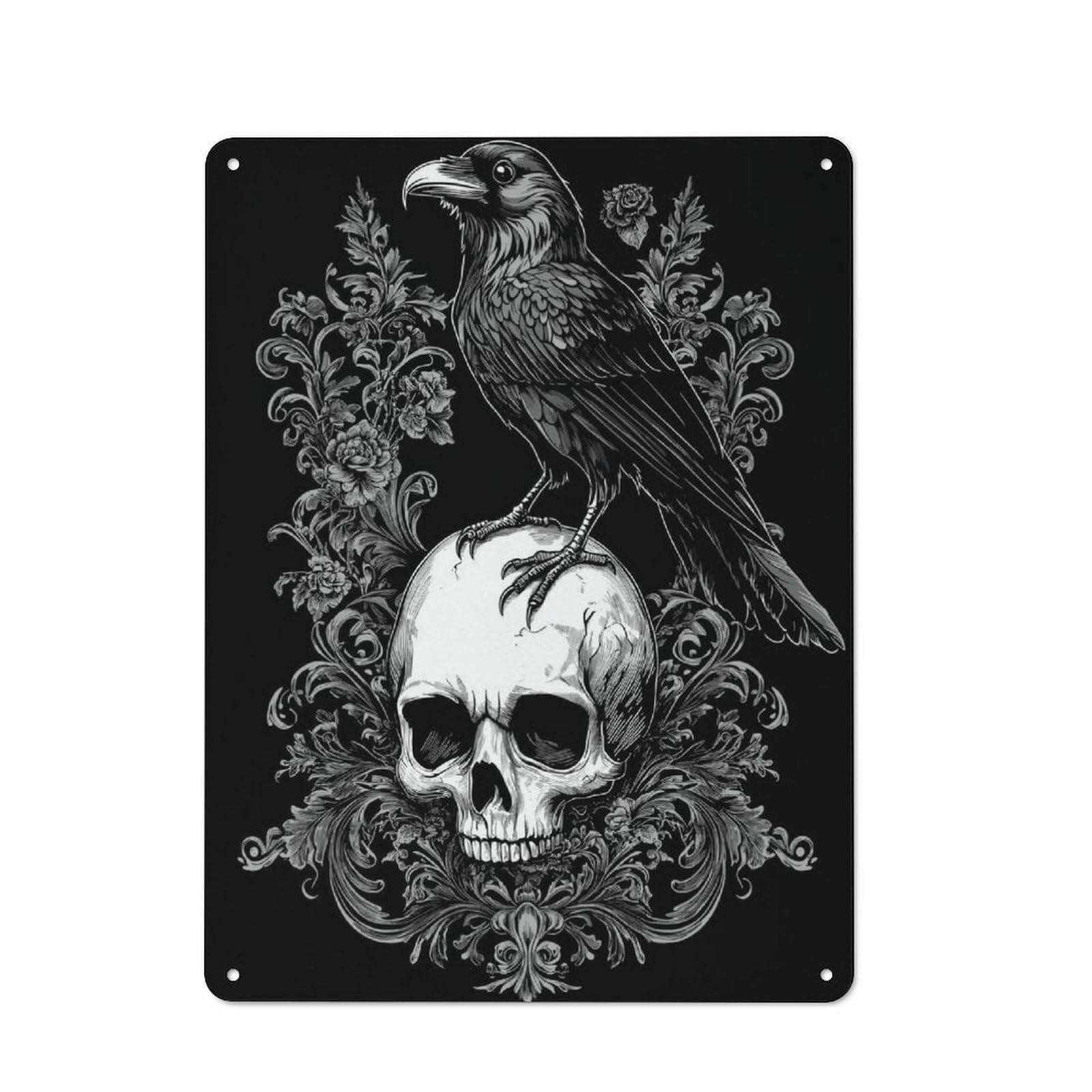 Junmoney Gothic Raven On Skull Tin Wall Plaque 40X30cm With For Bar Or Restaurant, For Hospitality Decor Collectors