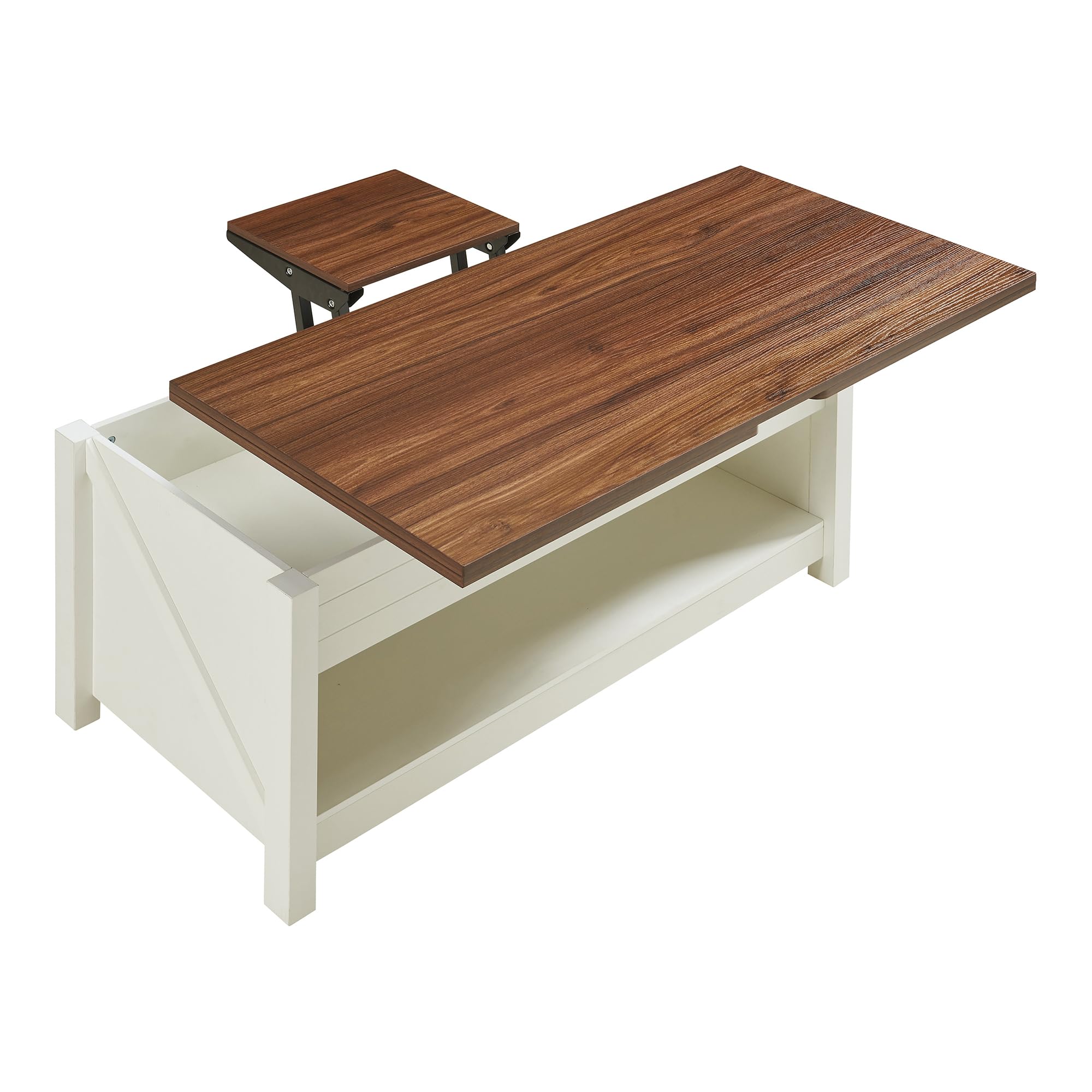 [en.casa] Table Basse de Salon avec Plateau Relevable Compartiment de Rangement Étagères Piètement Stable Panneau de Particules 110 x 55 x 54 cm Effet Noyer Blanc