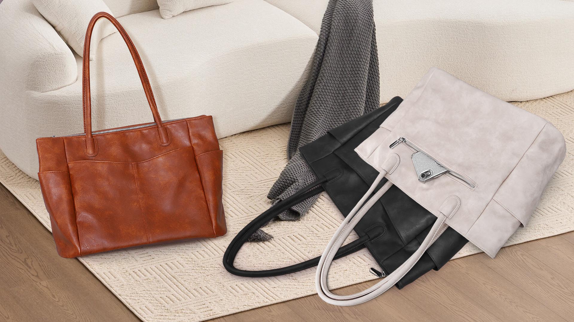 Bolso tote grande para mujer de cuero vegano 23L con cremallera miniatura 7