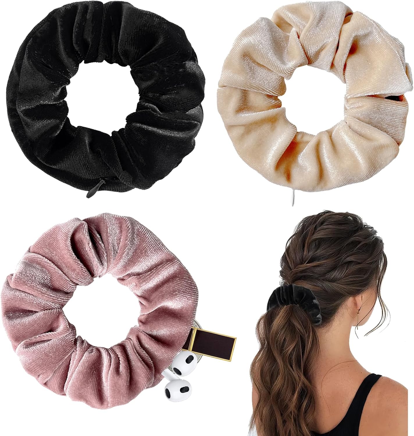 Pack of 3 Women’s Hair Bobbles, Money Hide for Hiding, with Zip Pocket, Travel Gadgets for Women, Can Store Valuables, Safe Holiday (Black, Beige, Pink)