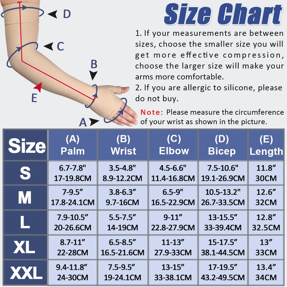 Beister Lymphedema Medical Compression Arm Sleeve with Gauntlet for Men & Women (Single), 20-30 mmHg Full Arm Support with Dot Silicone Band, Graduated Compression Arm Brace for Swelling, Arthritis