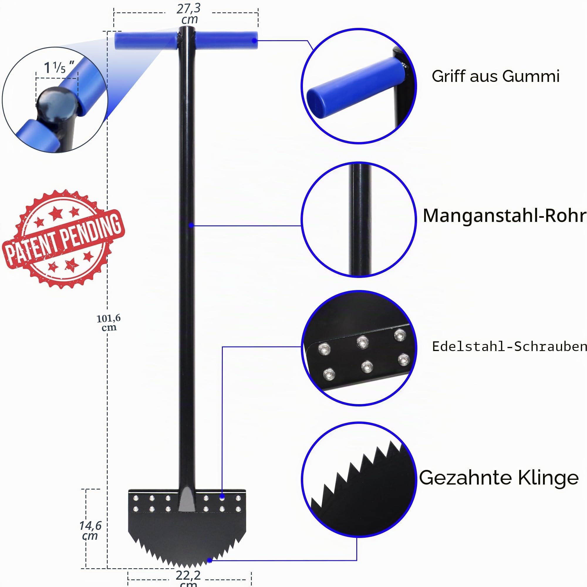 Einteiliger Rasenkantenstecher 100cm mit Federstahl-Sägezahnklinge Manueller Kantenschneider Rostfrei Halbmond-Rasenkantenschneider mit Gummigriff für Rasenpflege Garten Beet