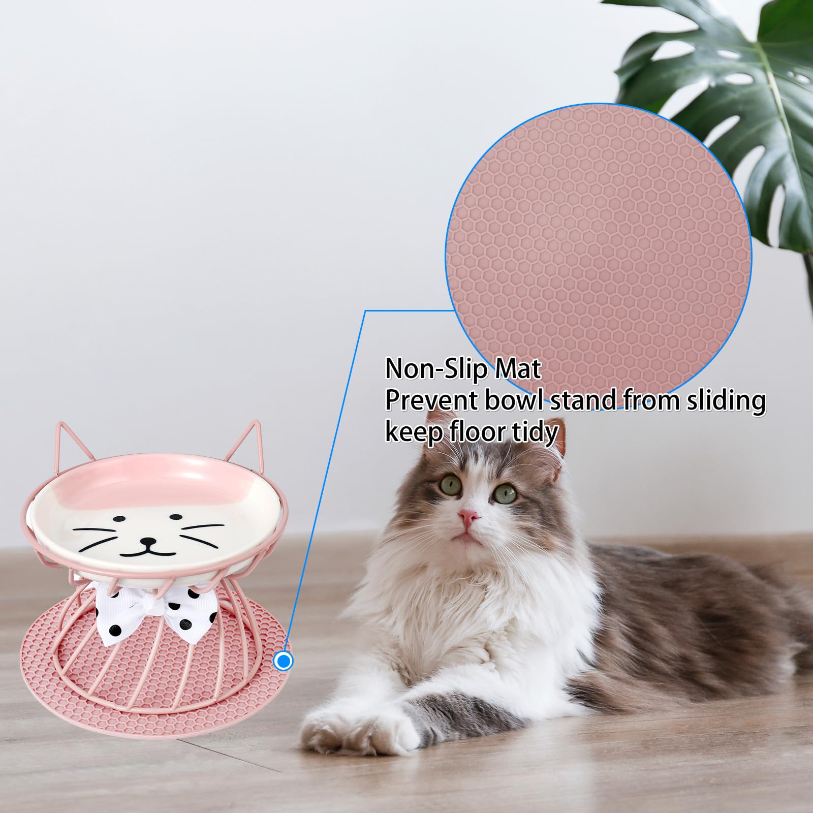 2 platos poco profundos de comida para gatos con alfombrilla antideslizante, cuenco elevado de comida para gatos con soporte de metal elevado, protege la columna vertebral del gato, cuenco