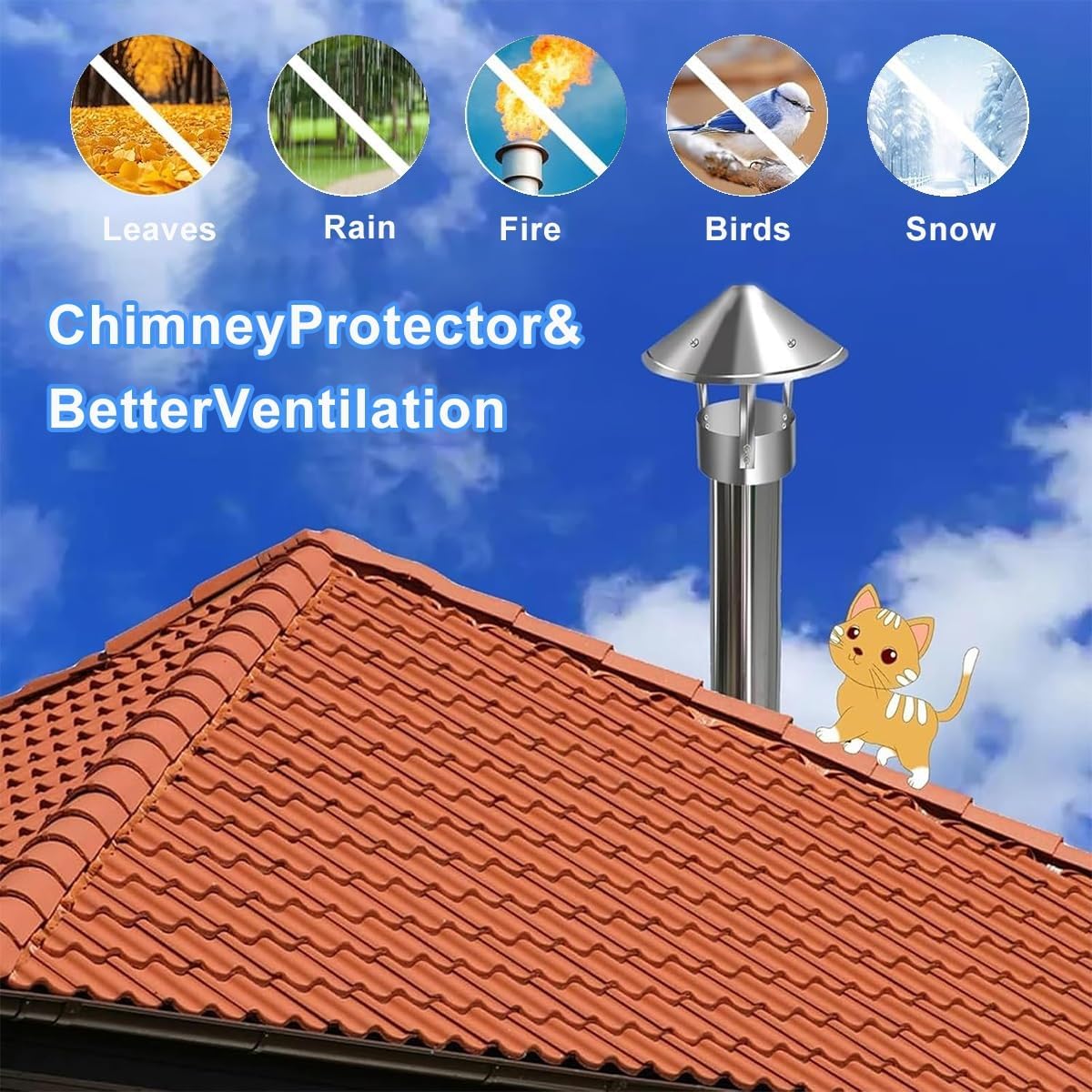 Chimney Cap with Cone Top, 201 Stainless Steel Round Chimney Cover Adjustable Exterior Stove Pipe Topper, 4in 5in 8in Rain Cap for Chimney for Fireplaces Fireplace Flue, Furnace Vent(160mm/6.3")