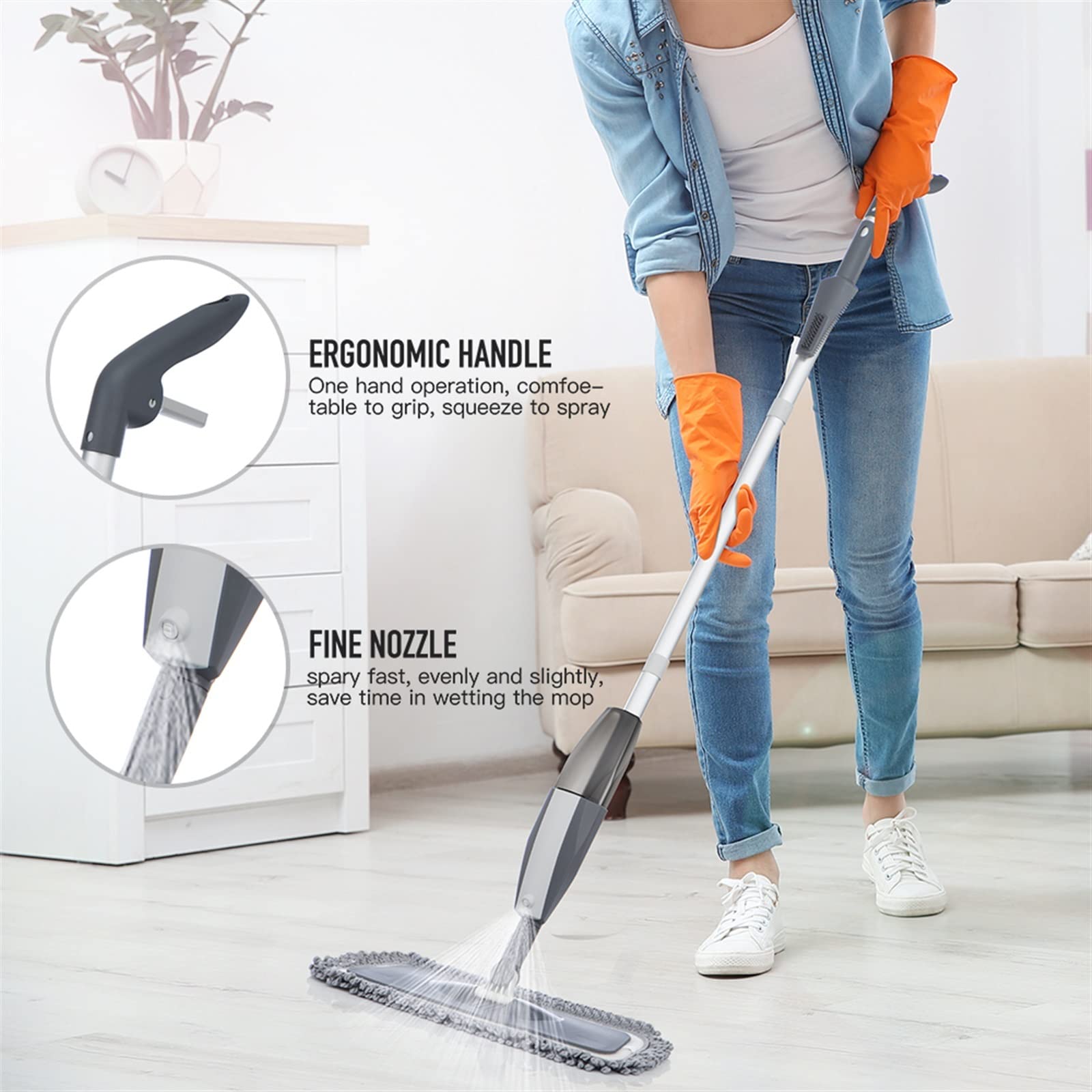 Mopa limpiadora en aerosol para suelos – mopa plana húmeda y seca para azulejos, laminado, cerámica, madera – Incluye almohadillas reutilizables y kit de limpieza de raspador
