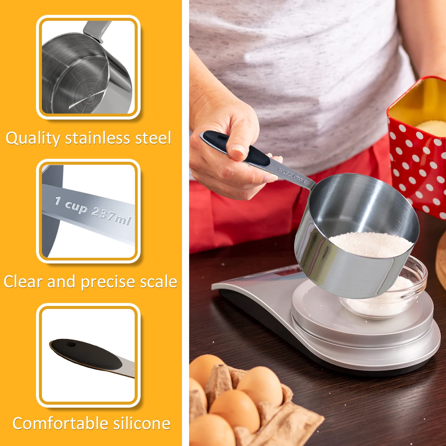 Mewutal 1/3 Cup Measuring Cup – 80ml Stainless Steel Scoop With Wooden Handle, Black