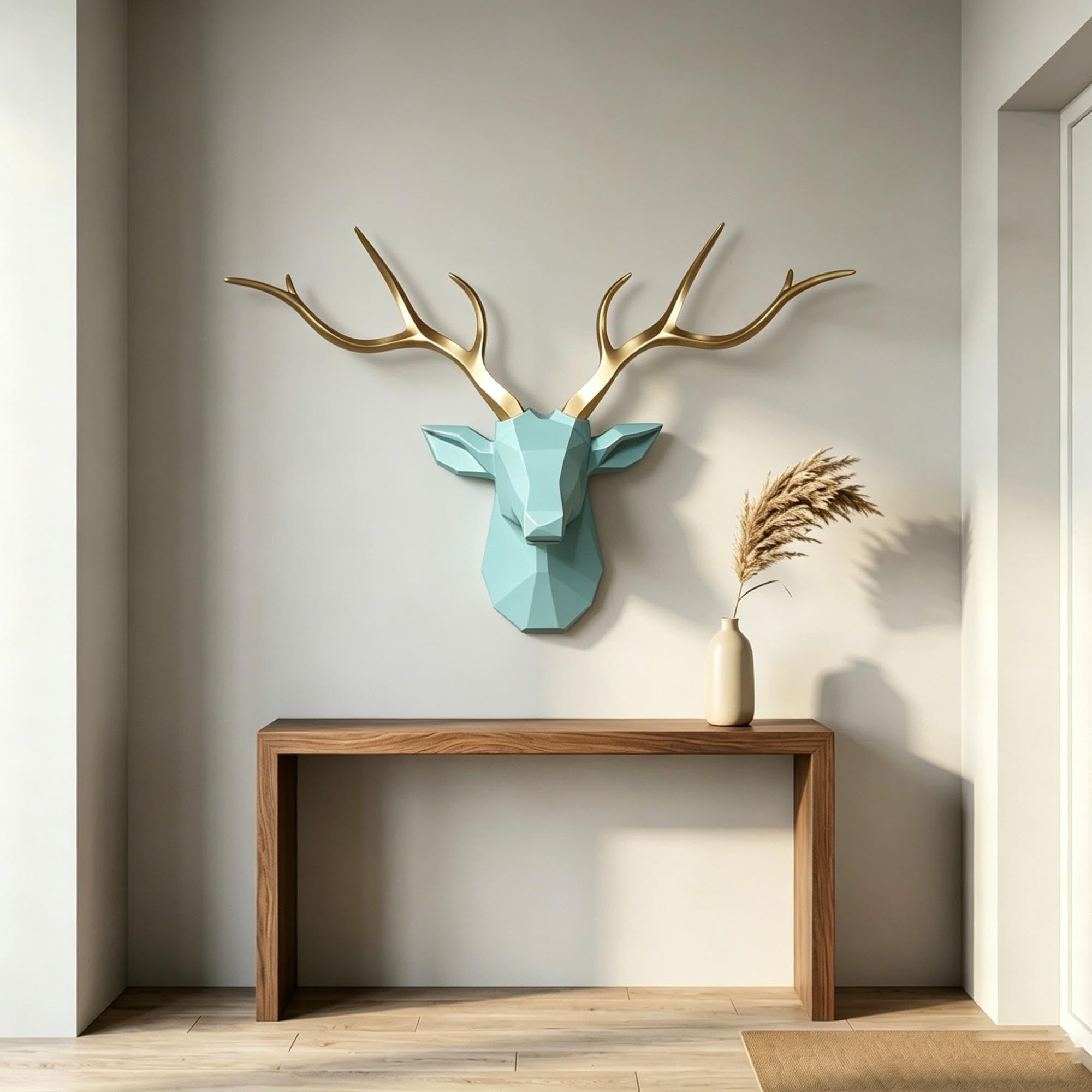 Testa di Cervo da Parete in Resina,Scultura Geometrica 3D Animale,Corna