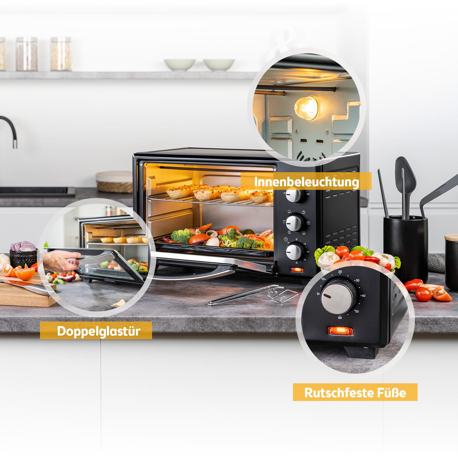 TZS First Austria - Minibackofen 30L 1600W - Mini Backofen stufenlose Temperaturregelung bis 230°C - Miniofen 60 Min. Timer, 3 Einschubhöhen, Backblech & Grillrost - Für kleine Küchen & Camping