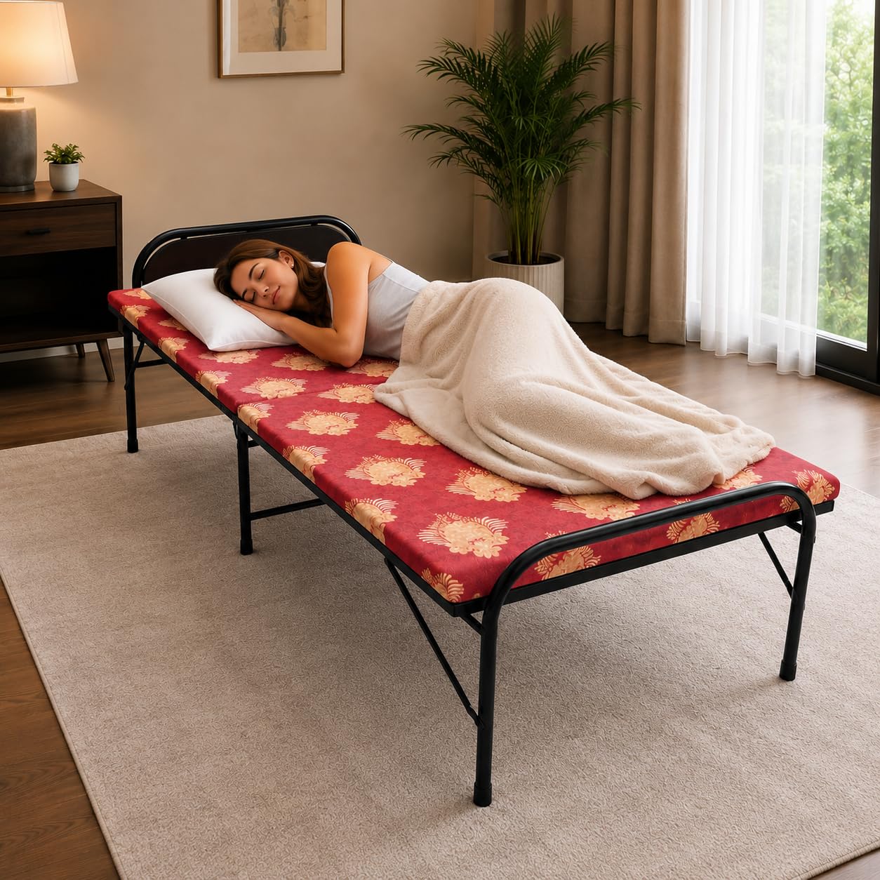 nattnak single folding bed with tri- layer mattress 3x6 ft, heavy duty metal frame foldable cot, portable guest bed, space saving extra bed, no assembly required