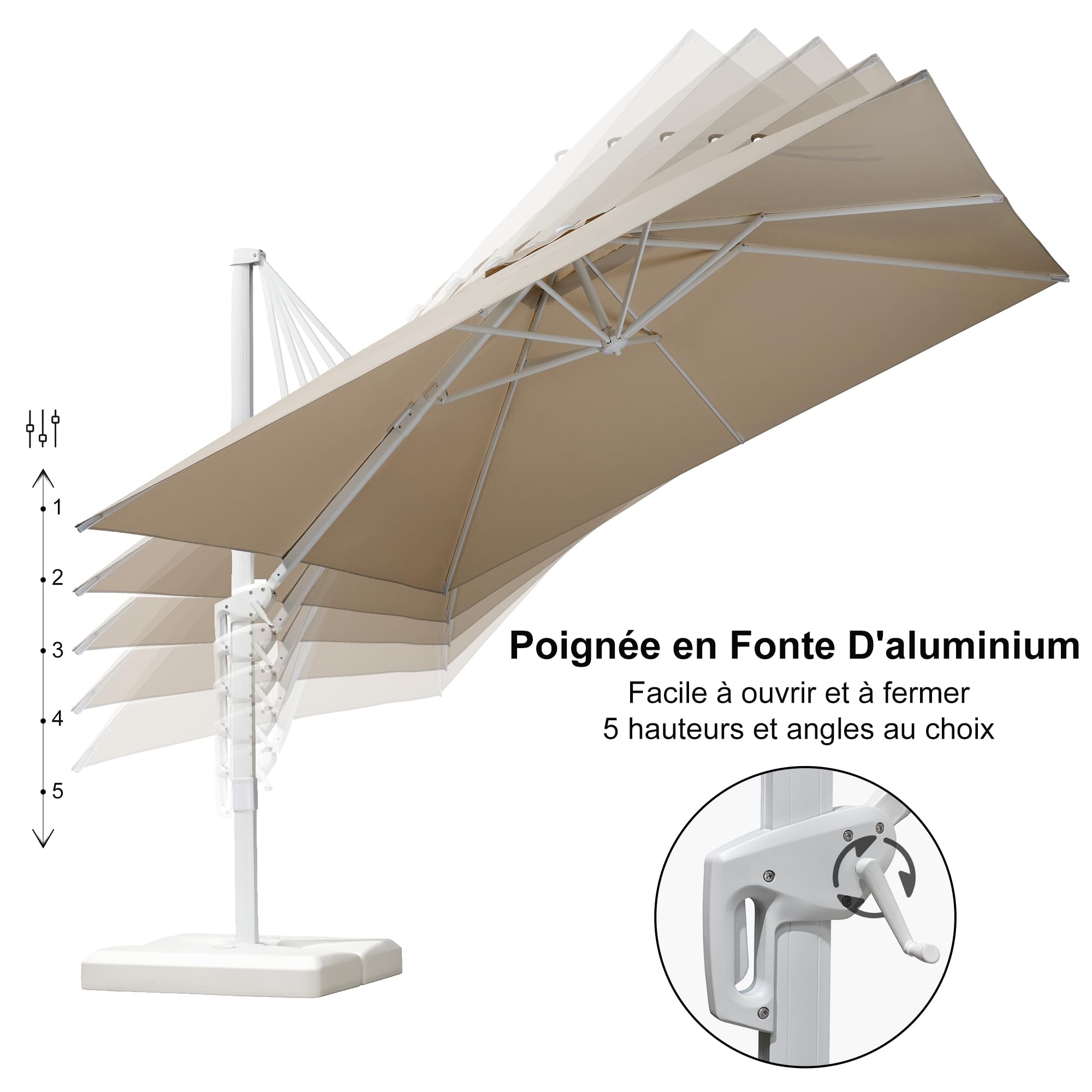 PURPLE LEAF Parasol Déporté 3 x 3 m Beige avec Mât Alu Blanc Pied Croix