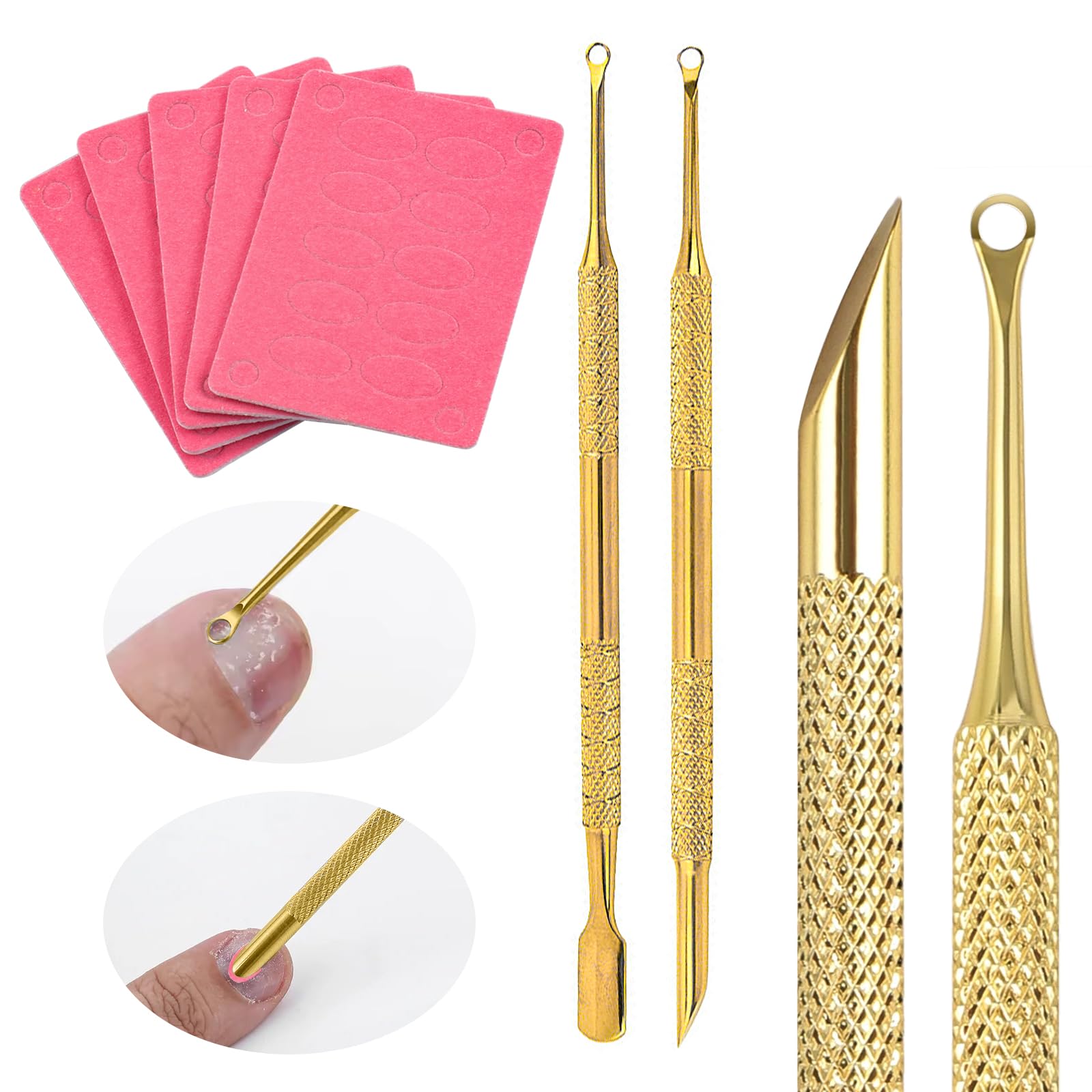 JERCLITY 2 Pieces Gold Double-Ended Stainless Steel Cuticle Pusher Cuticle Remover With 150 Grit Sandpaper Sheets Nail Prep Tools Russian Manicure Kit