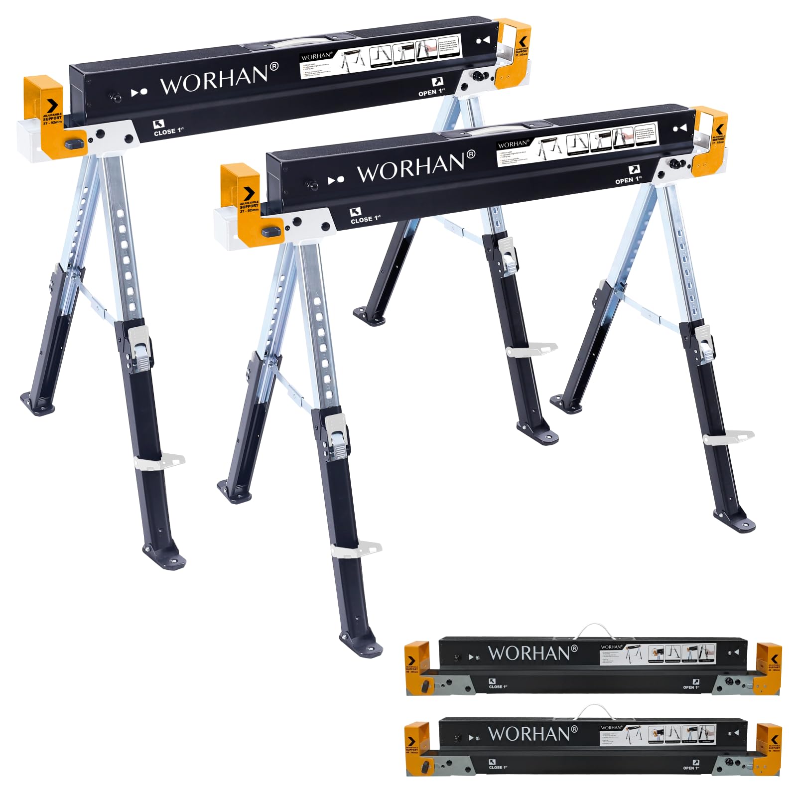 Sawhorse Twinpack 2600 lbs Jobsite Table Folding Quickly Adjustable Legs Support Arms Sawing Non Slip Trestle Sawmule Steel Workbench S600A