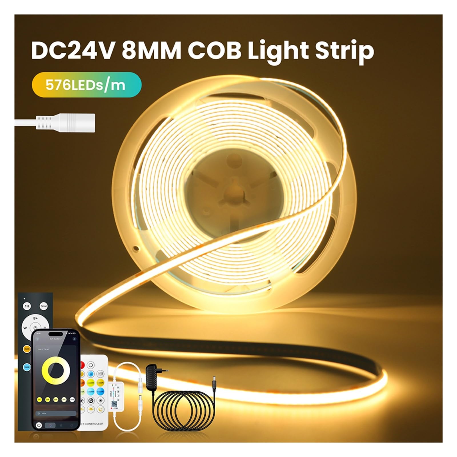 Tira LED COB CCT regulable de 24V 576LEDs/m Control Bluetooth RA90 2700K-6000K Kit de potencia completa(17key RF Remote EU,8m)
