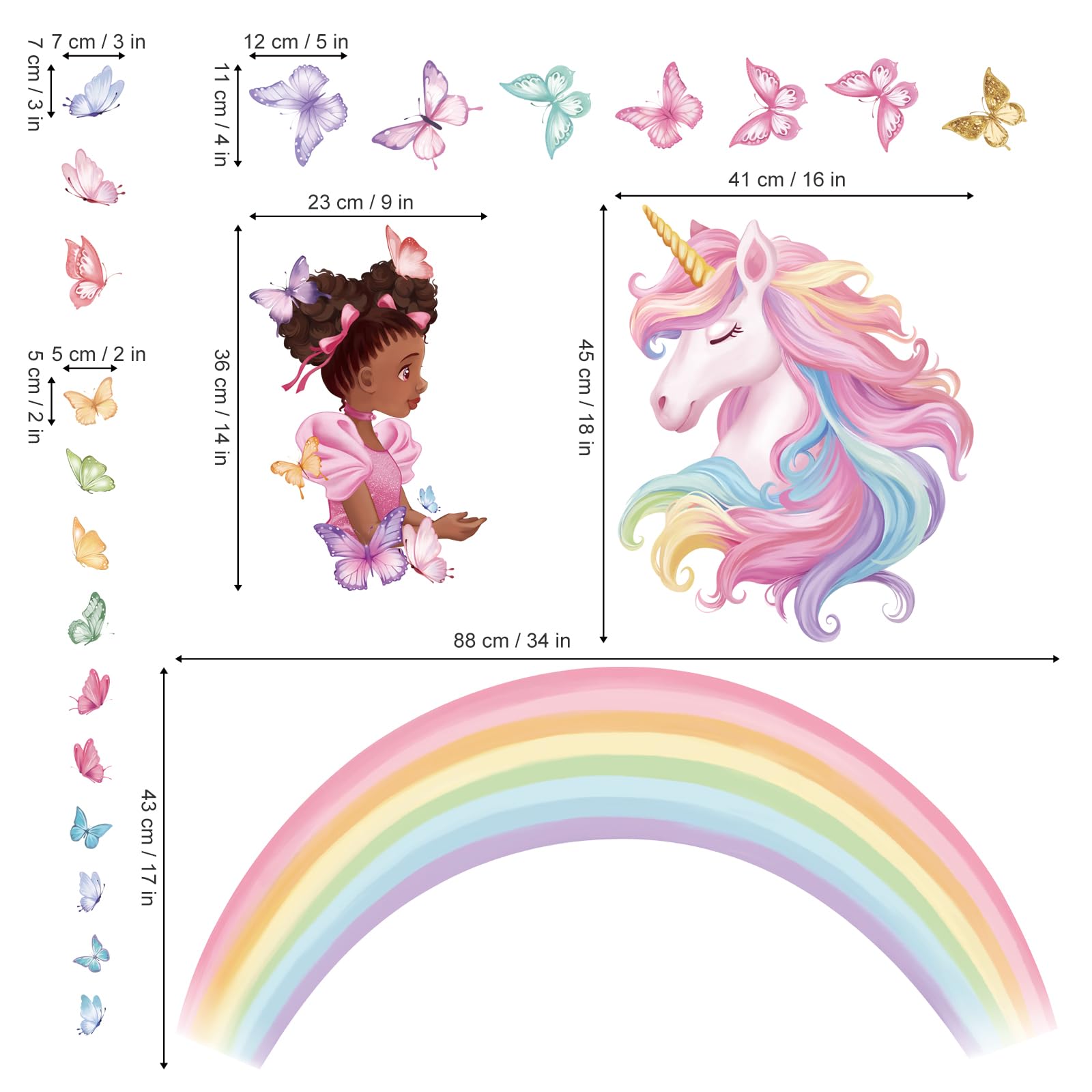 wondever Large Rainbow Unicorn Wall Stickers Black Girls Butterfly Peel and Stick Wall Art Decals for Baby Nursery Girls Bedroom Toddler Room - Image 4