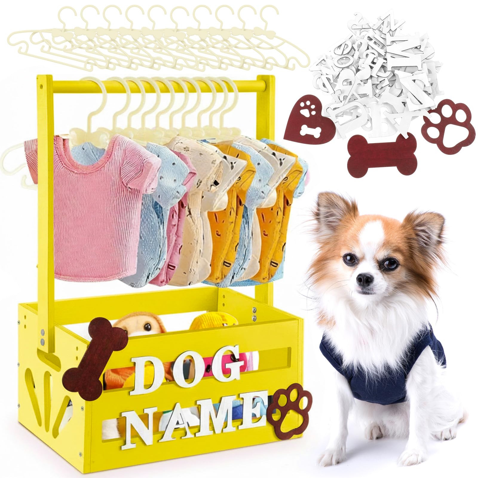 Teenyyou 20" x 13" x 9" Wooden Dog Closet Pet Wardrobe Crate Box with Hanging Rods and Personalized Alphabet Letters Easy Assembly Baskets for Dog Cat Toys Clothes Accessories (Yellow)