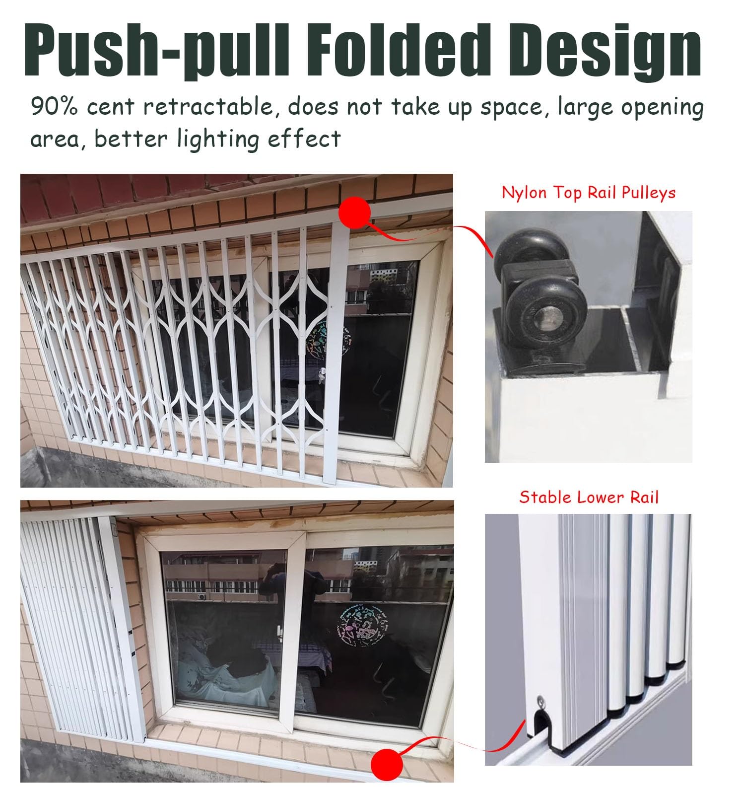 Folding Security Bars With Blokada Okna Dekoracyjne Ochraniacze Do Wnętrz 30-48 cali Szerokości Zapobiegające pękaniu Idealne do piwnicy i bezpieczeństwa w domu (117 x 105 cm)