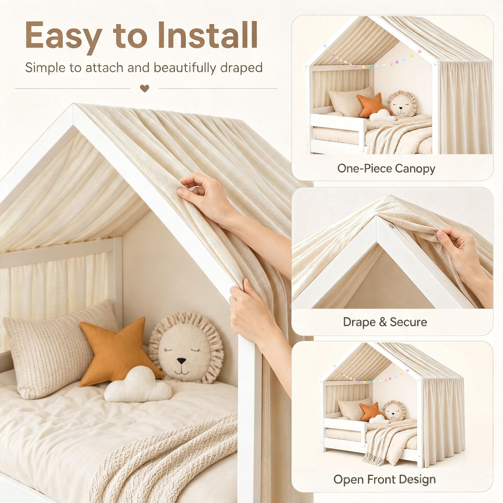 Baldaquin Lit Enfant Maison – 100% Coton, Betthimmel Maison, Voilage Lit Cabane Chambre Enfant, Décoration Baldachin Chambre Fille Garçon, Ruban Décoratif 5 m, 135 x 360 cm (Gris Abricot)