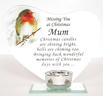 Missing You At Christmas Mum" Glass Memorial Robin Heart Plaque With Tealight Holder : Amazon.co.uk