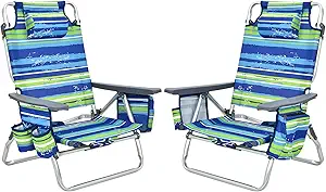 Giantex Beach Chair 2-Pack Sling Camping Chair, Sunbathing Chairs with 5 Adjustable Position, Head Pillow, Storage Bag, Towel Bar, Cup Holders, Folding Fishing Backpack Lawn Chairs