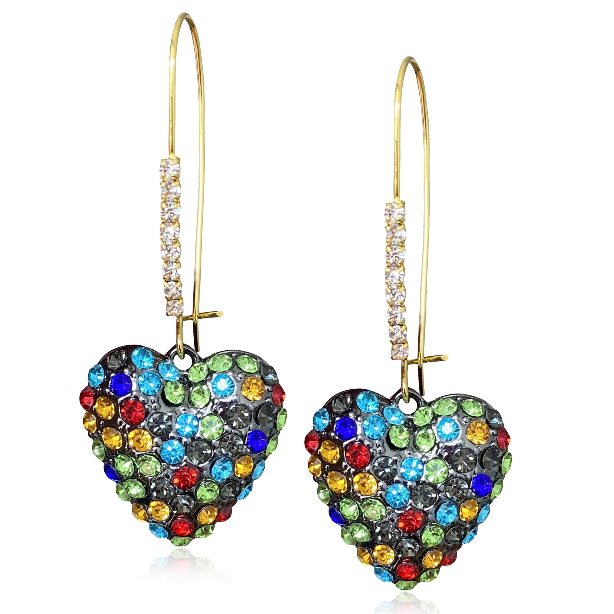 Chic Unique Sparkly Colorful Crystal Heart Dangle Drop Earrings 14 Gold Hypoallergenic Heart Dangle Hoop Earrings for Women Valentines Day Gifts