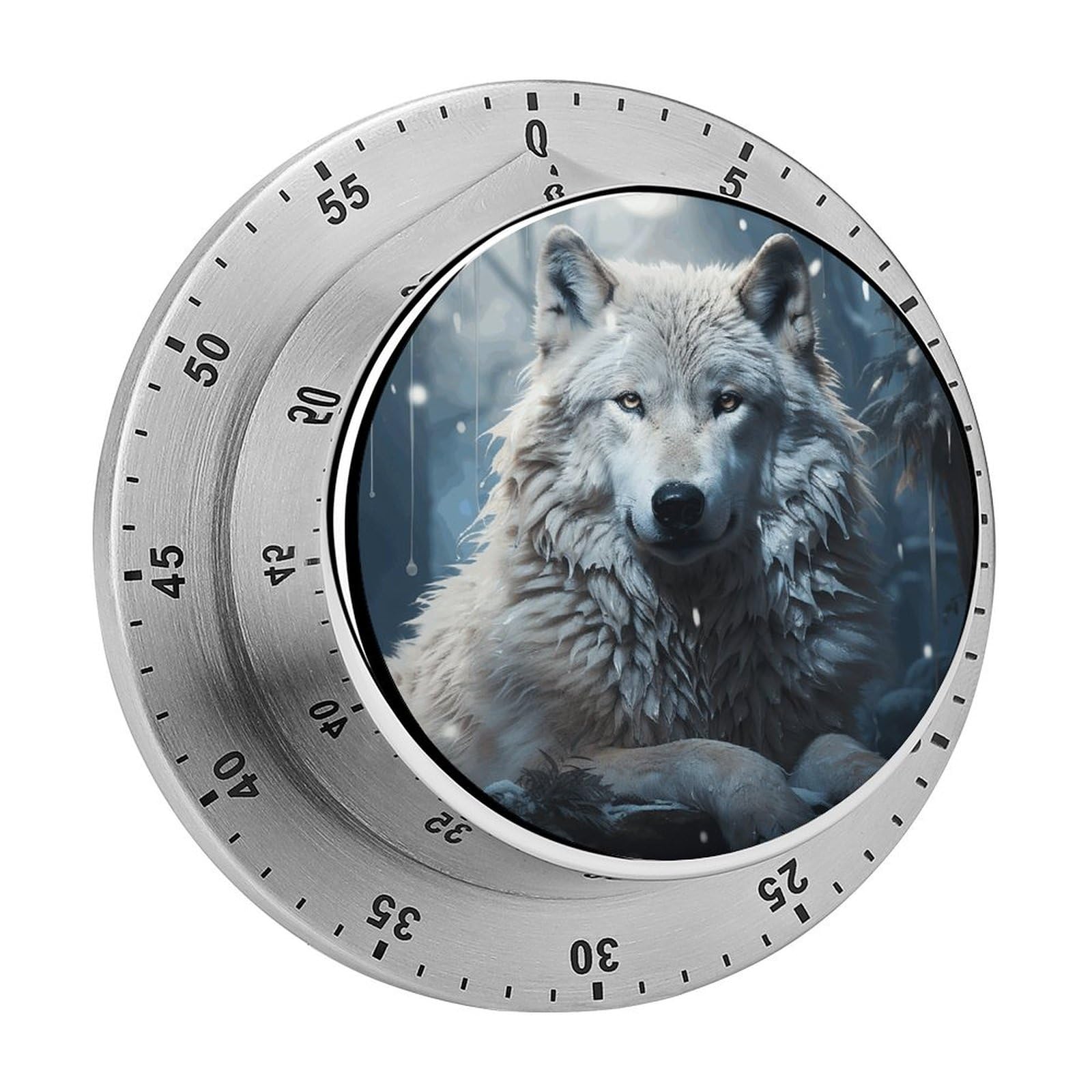 Waficac Wolf Sitting In The Snow Mechanical Kitchen Timer, 60 Minute Wind Up Timer With Magnetic Base, Round Manual Rotating Stainless Steel Timers For Meeting Cooking Working