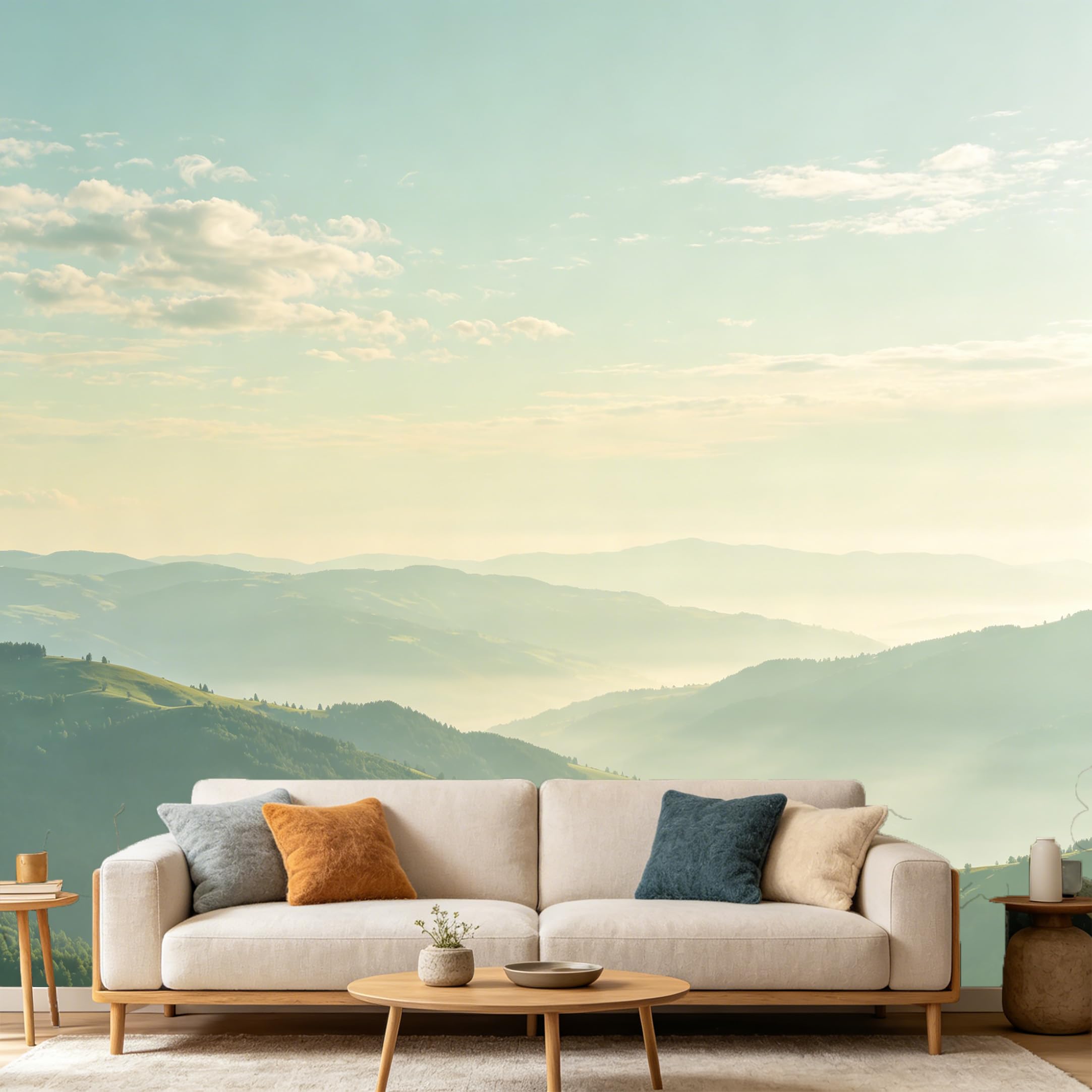 Custom Size Wall Mural Mountain Lake Landscape Sunrise Misty Hills Nature View SelfAdhesive Art Prints wall Fabric（No PVC） Removable Wallpaper Home Bedroom Decor