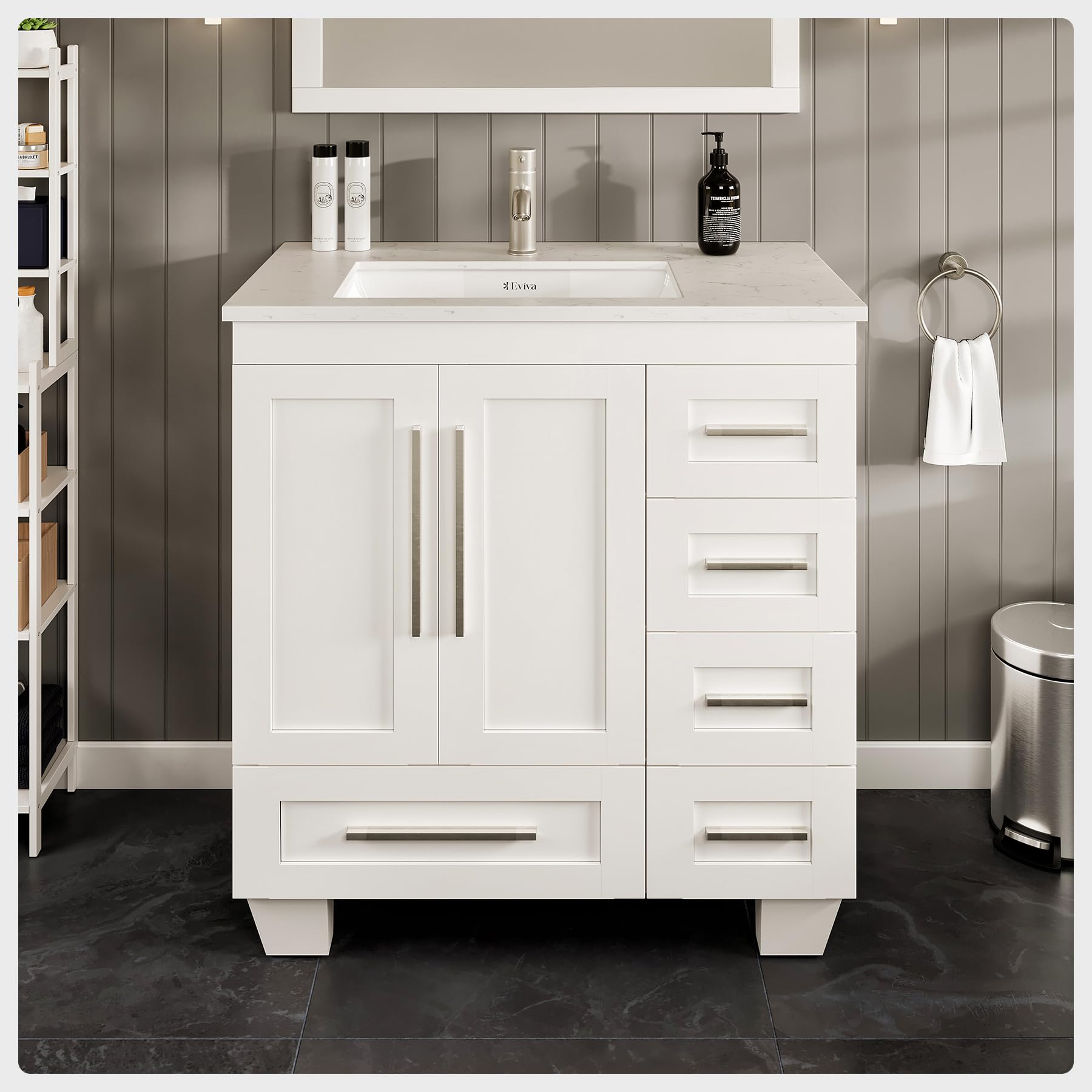 Eviva Bathroom vanities- White 30 inch Bathroom Vanity- Elegant Wood Bathroom Sink Cabinet Design, Perfect 30 Inch Small Bathroom Sink for Modern Bathroom Décor