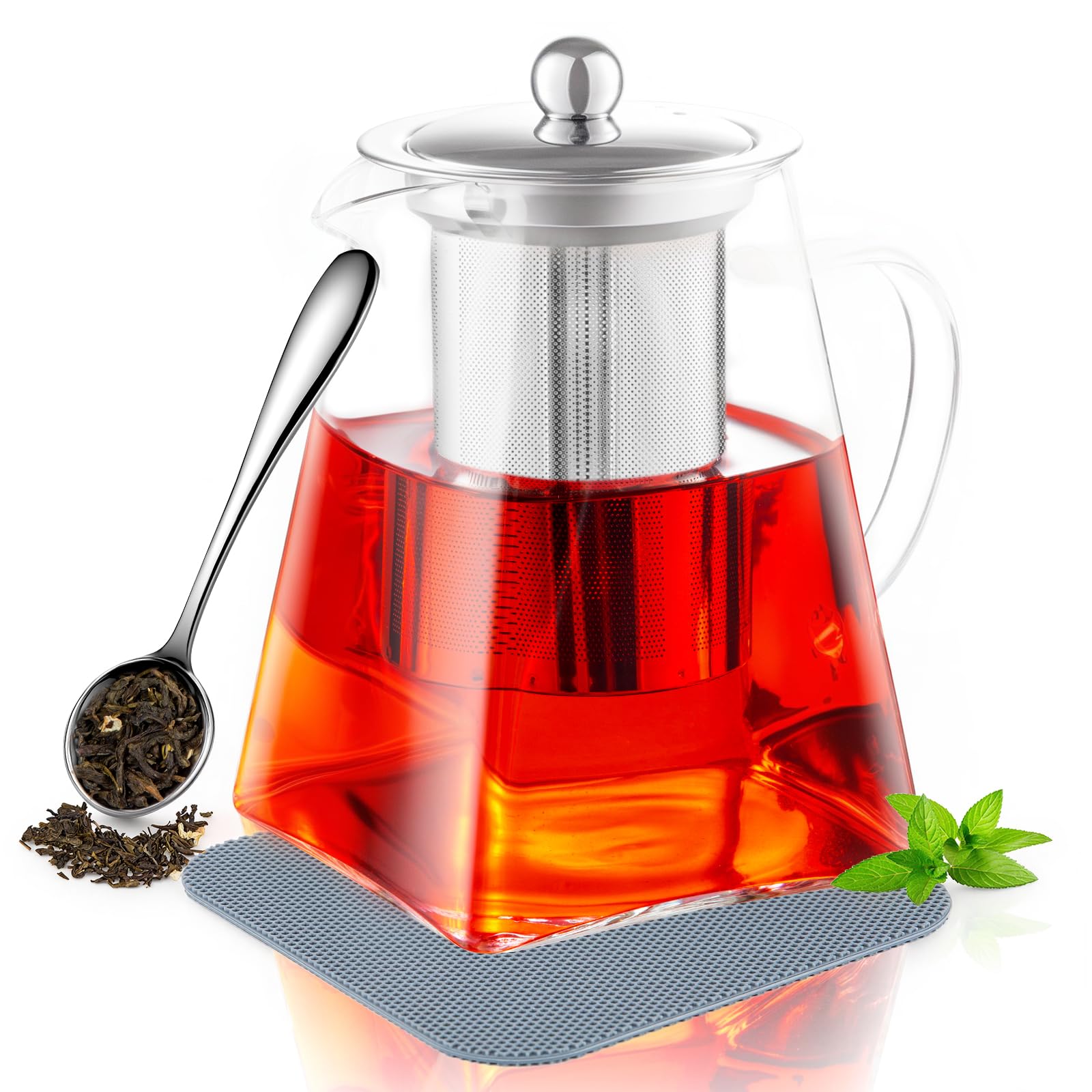 PluieSoleil Teapot with Tea Scoop and Mat 750ml/25.36oz Heat-Resistant Borosilicate Glass Teapot Set with Strainer, Square Shape Infuser Tea Pot, Handmade Glass Teapot with Infuser