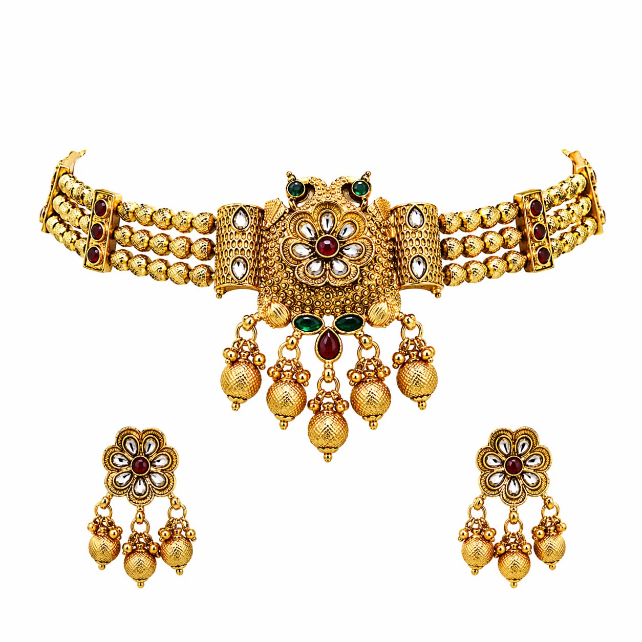 Gold Plated Peacock Choker Necklace Set for Women And Girls | Traditional Multicolor Stone Choker with Earrings | Jewelry NL1000601GLD-image-14