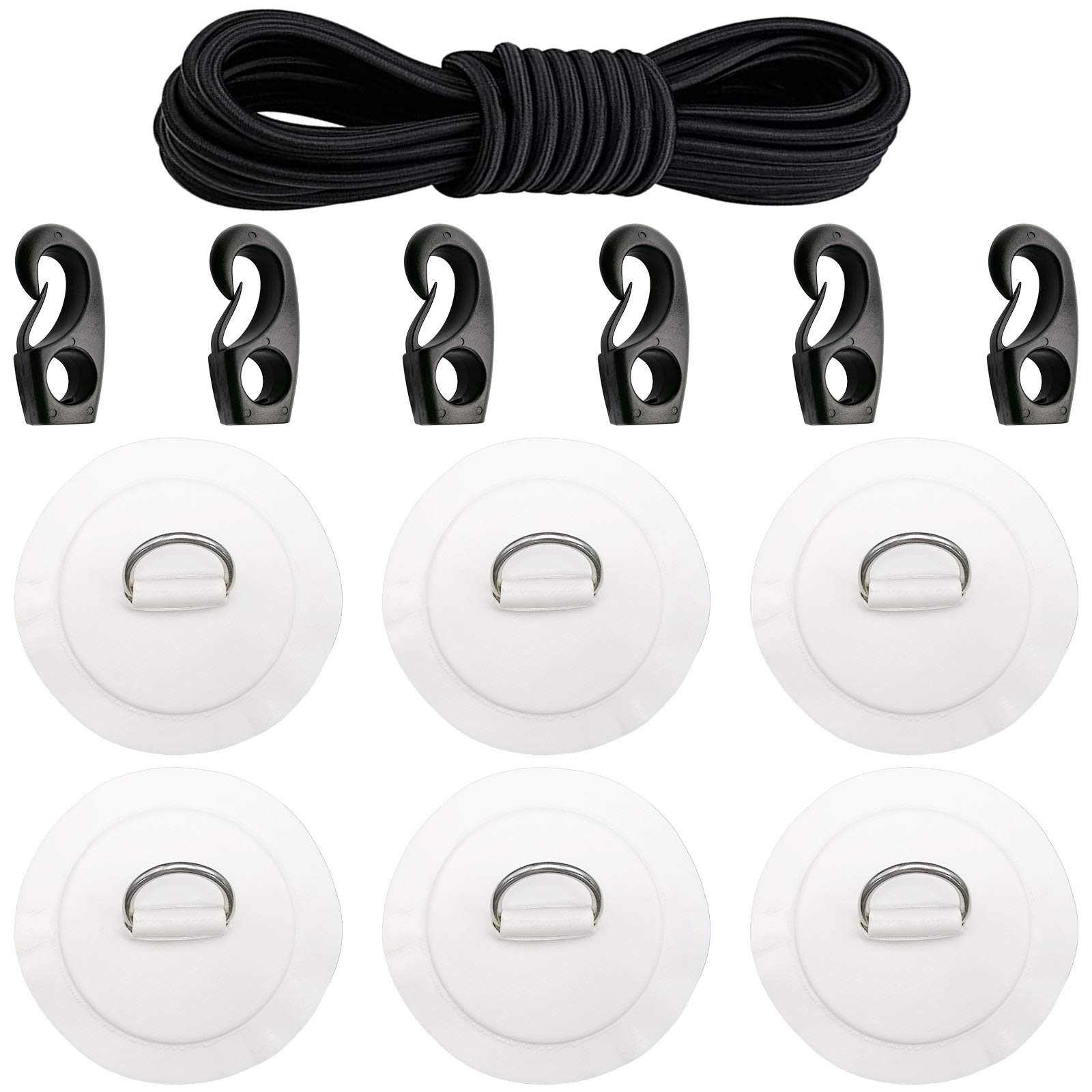 6pcs PVC D-Ring Patch Stainless Steel D Ring Patches for for Inflatable Boat Kayak Dinghy SUP Deck Stand up Paddleboard Rafting Accessories,with 20ft Elastic Bungee Cords and Hooks,NO Glue