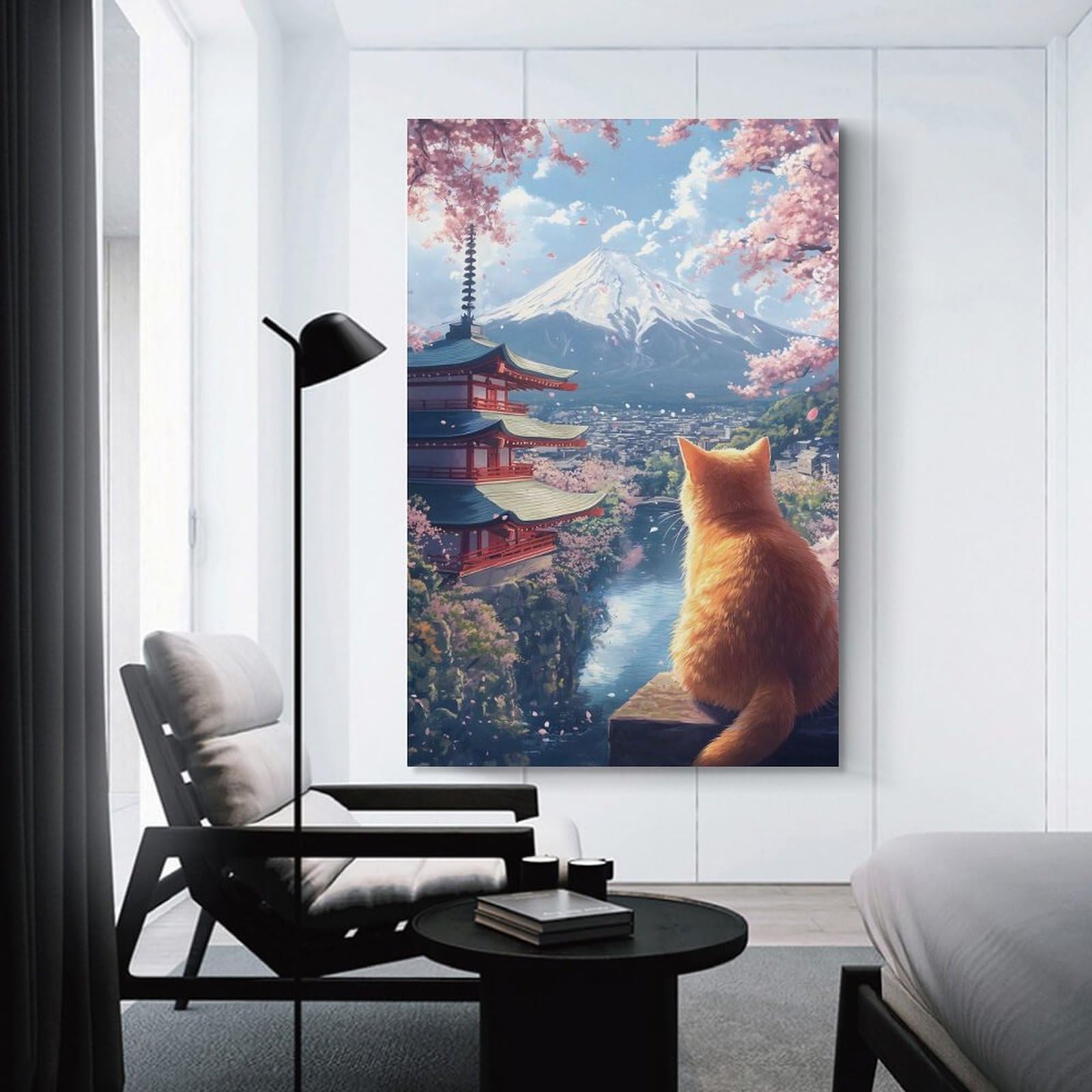 Junmoney Unframe-Style-19 Cat Gazing At Mount Fuji, Japan Home Decor Wall Art 12X18inch(30X45cm), For Bedroom, Guest Room Or Reading Nook, Decorative Wall Art For Cosy Rooms