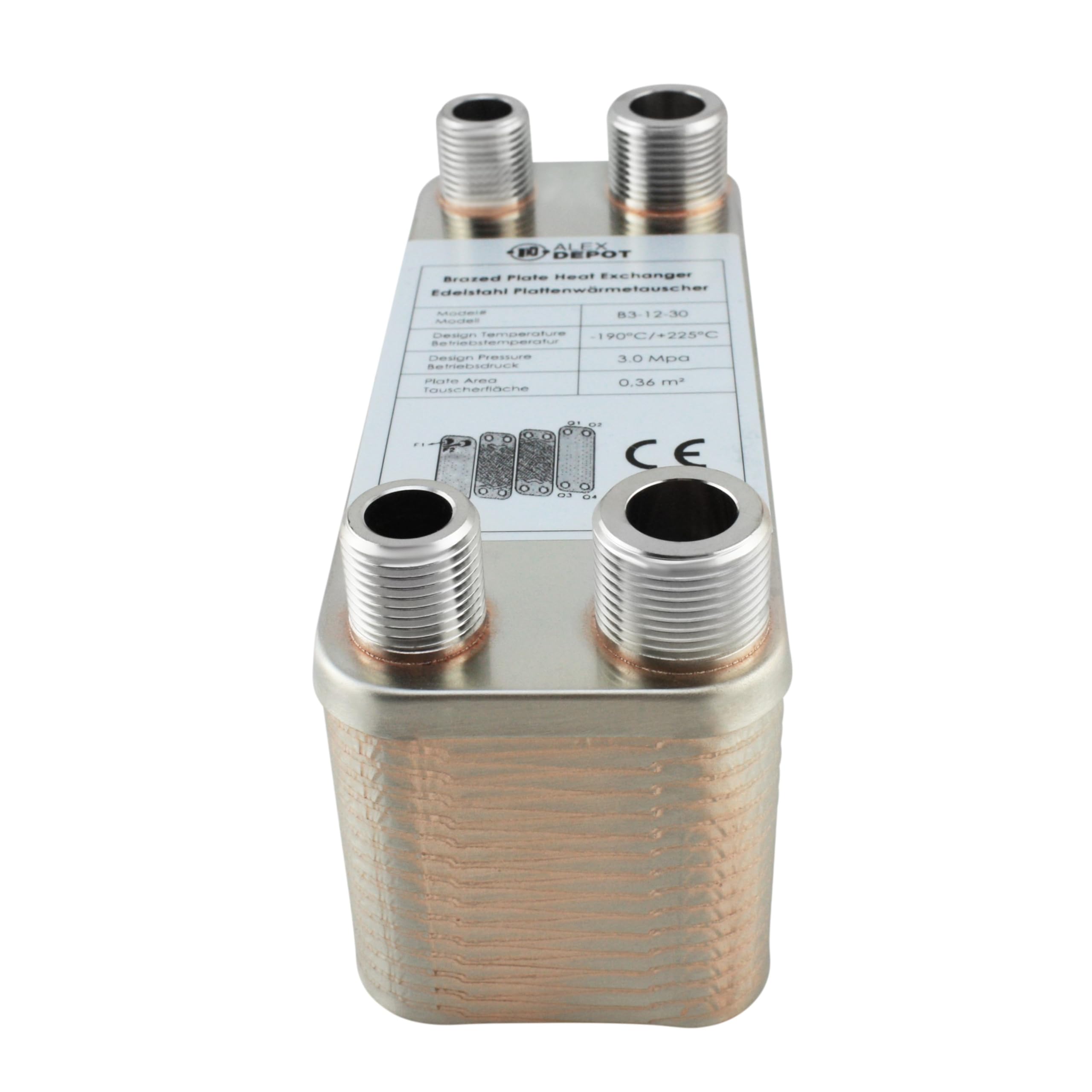Scambiatore di calore a piastre in acciaio inox B3-12-30 con attacco da 2 x 1/2 e 2 x 3/4 pollici, 65 kW, riscaldamento solare (PWT)