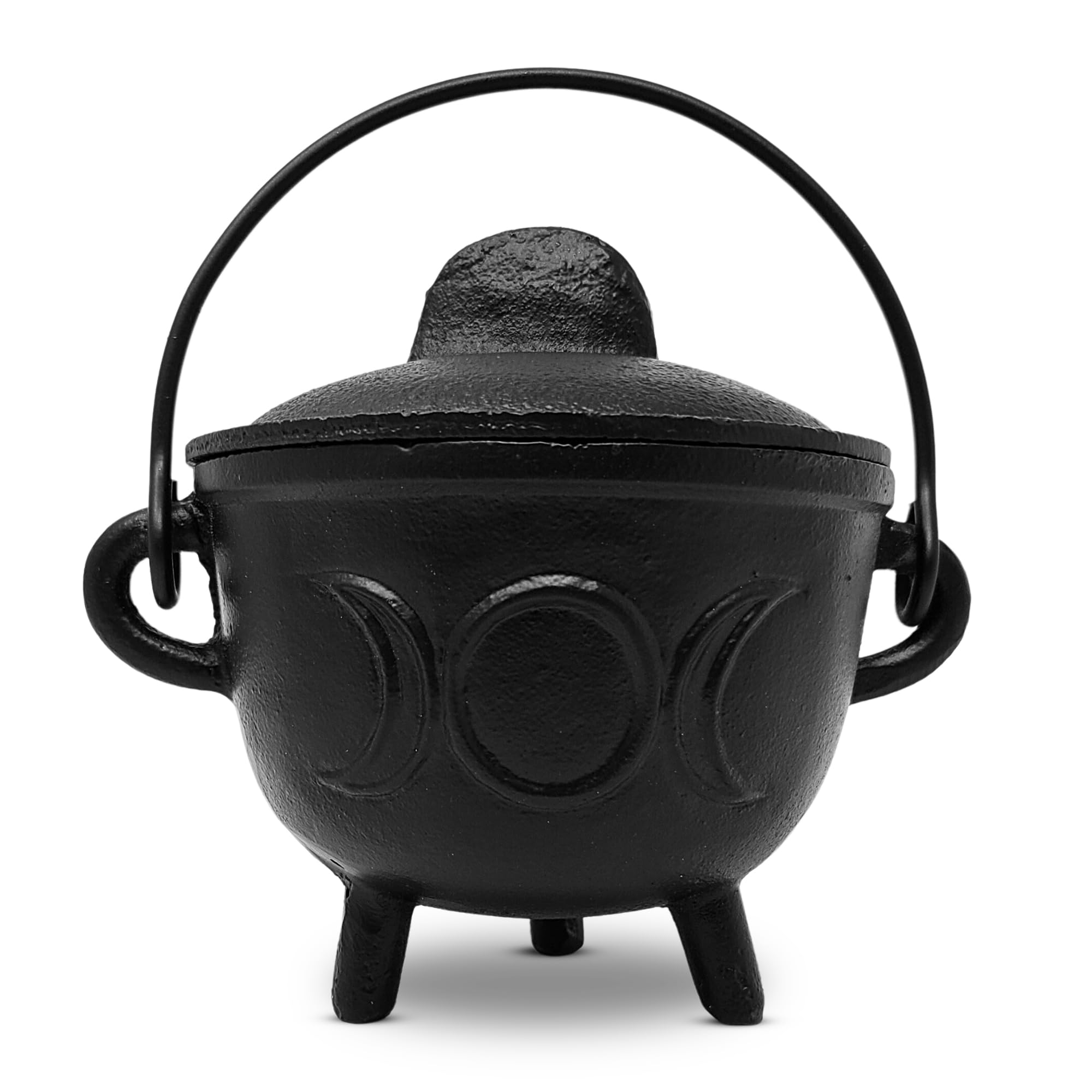 New Age Imports, Inc. Triple Moon Cast Iron Cauldron w/Handle & lid, Ideal for smudging, Incense Burning, Ritual Purpose, Decoration, Halloween Decoration, Candle Holder, etc. (Triple Moon - BR91)
