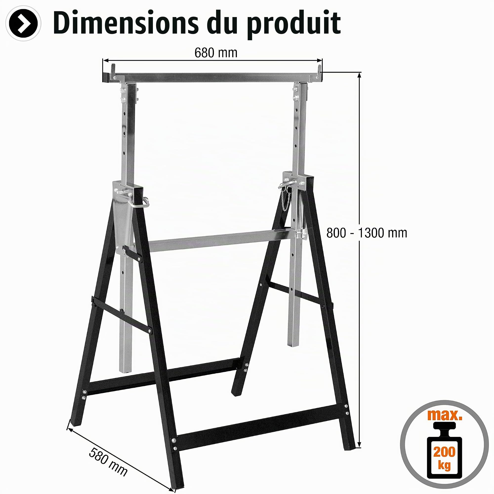 Meister 5258110-200 kg - Pliable - Travail variable - 800-1300 mm - 7 niveaux de réglage de la hauteur - avec crochet de verrouillage/axe en métal/tréteau télescopique/support d'échafaudage