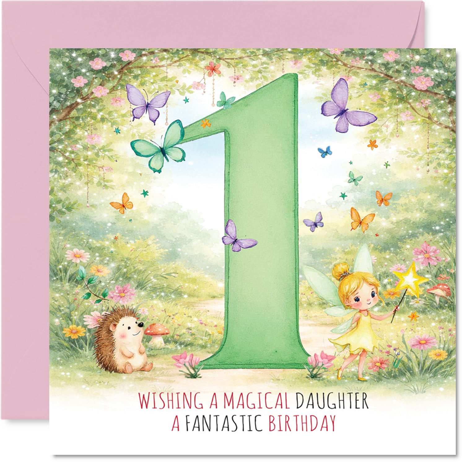 Cute 1st Birthday Card for Daughter, Magical Fairy and Hedgehog Scene
