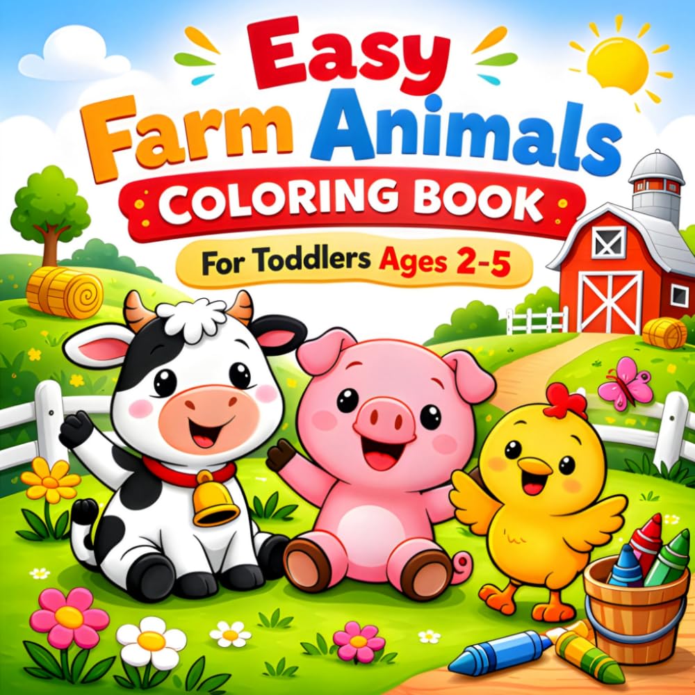 Easy Farm Animals Coloring Book for Toddlers Ages 2–5: Big and Simple Coloring Pages Featuring Cows, Pigs, Chickens and More (Happy Animal Coloring Books)