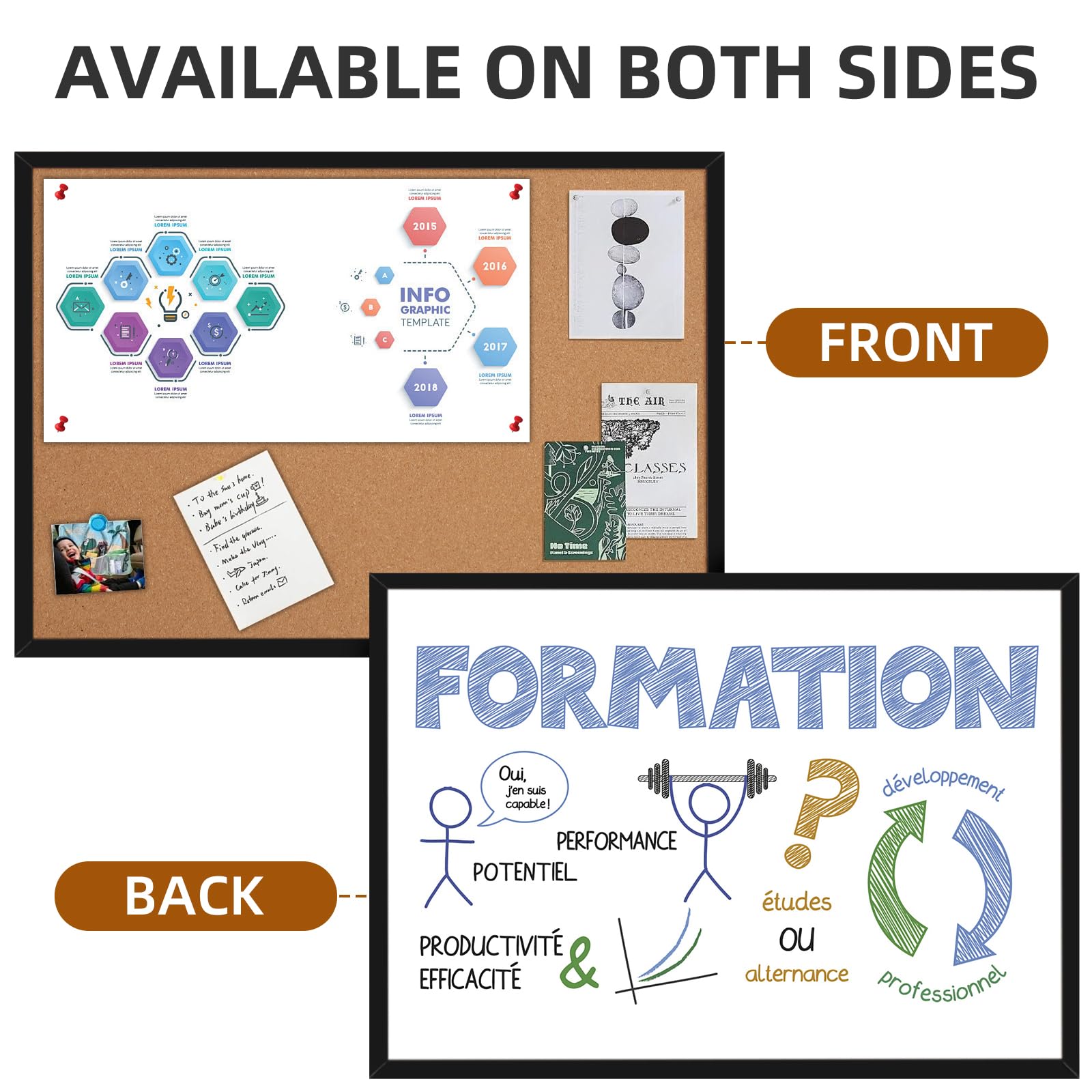 50,8 x 71,1 cm Korktafeln für Wände mit schwarzem Holzrahmen, 1 Stück, Whiteboard und Korktafel, doppelseitig, Bürotafel für Wand-Organizer, Pinnwand zum Aufhängen, Pinnwand für Schule, Zuhause, Büro