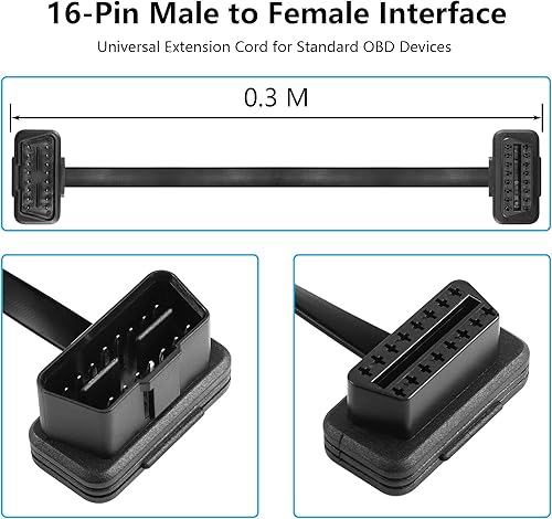 Miniatura 2 de CERRXIAN 1FT 0.3M OBDII OBD2 ángulo recto 16 Pin macho a hembra Cable de extensión, herramienta de escaneo OBDII Extensor de diagnóstico Cable