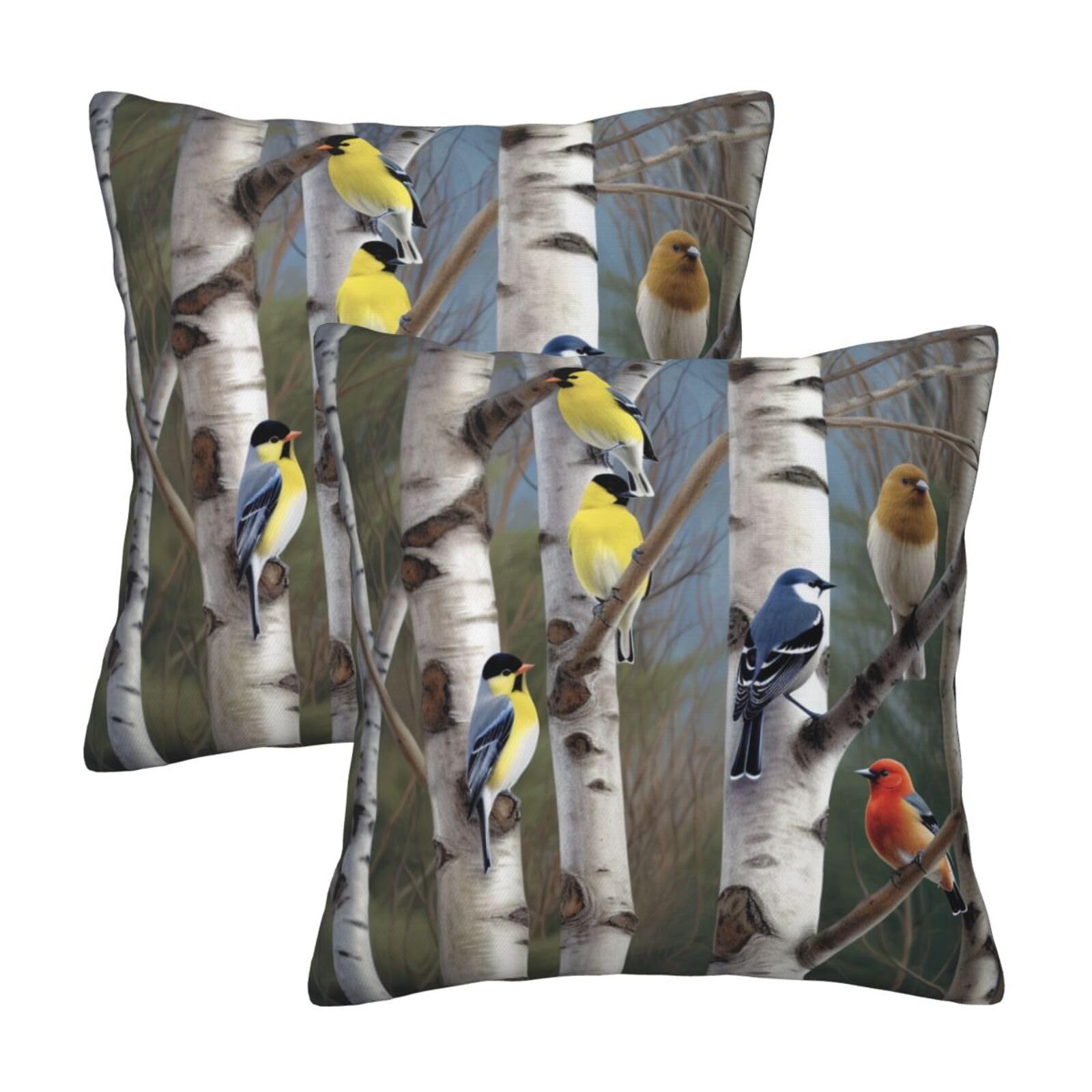 birds in birch tree Throw Pillow Cases 2 Pack Square Pillowcases Soft Pillow Protectors for Couch Livingroom Sofa Bed Office Car,30x30 CM