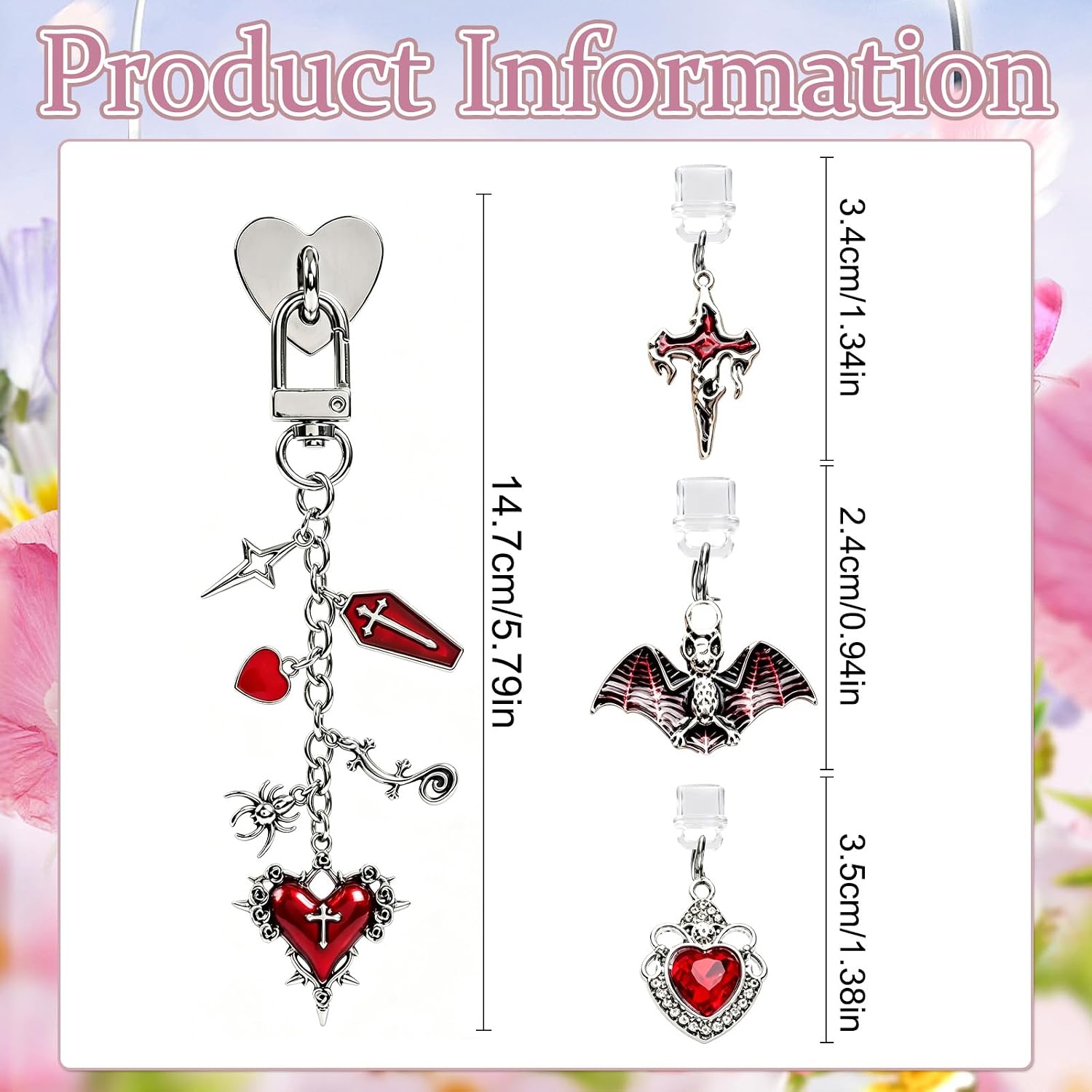 Rngmsi Chain Charms Set for Kindle - 4 Pcs Gothic Dust Plug Charm Keychain Strap Charm with Hook Decorating Accessories for E-Reader Type C, Bookworm Gifts for Women Reader Book Lovers