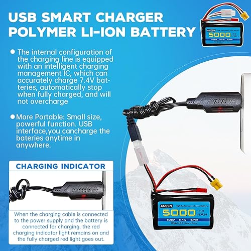 Miniatura 4 de Batería de iones de litio de 7.4V 5000mAh 2S con enchufe JST y enchufe XT30 con cable de carga USB para control remoto TX16S, TX18S, RC4GS, RC6GS,
