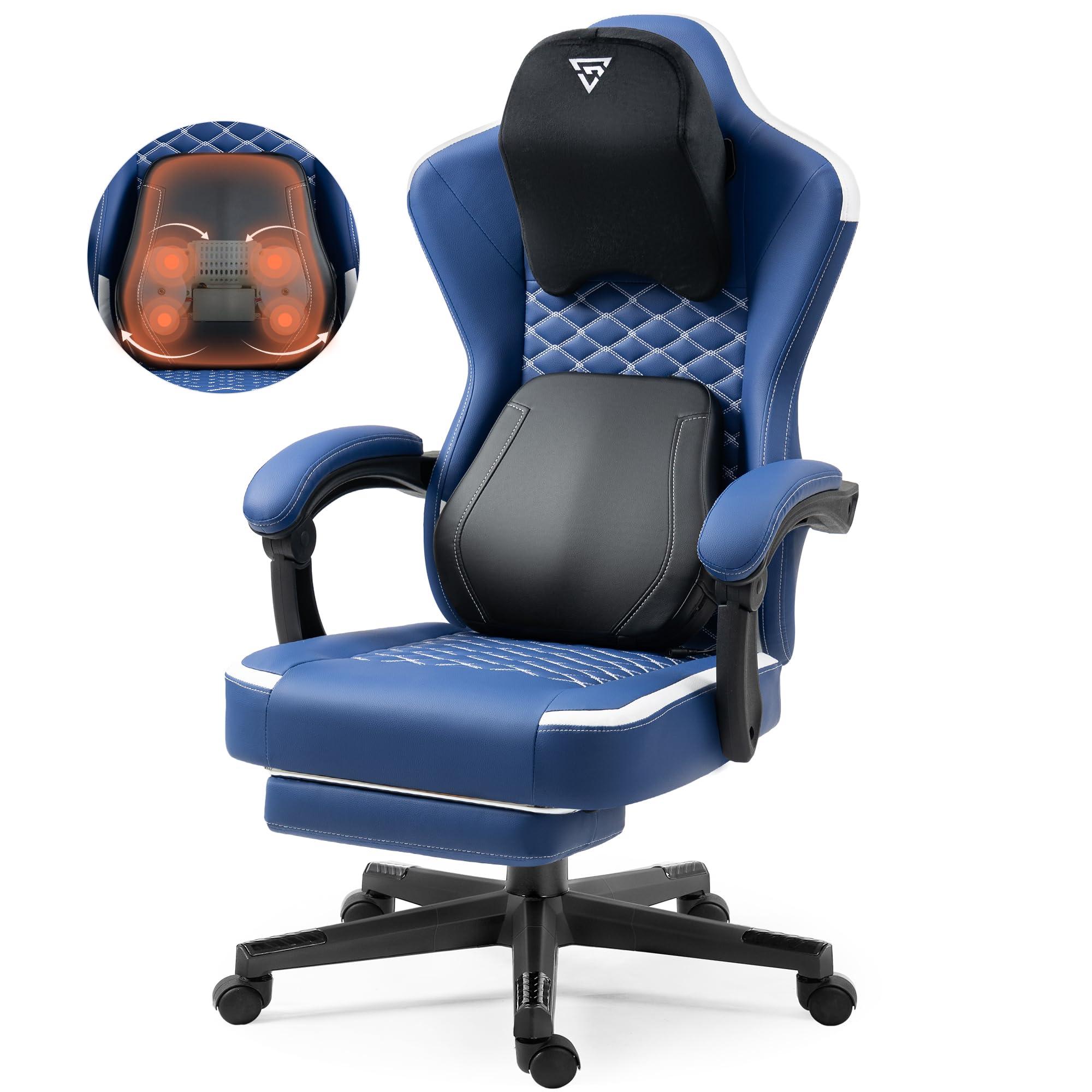 Silla de gaming con soporte lumbar de masaje calentado, silla ergonómica para ordenador de juegos con cojín de muelles ensacados y reposapiés, silla Recliner High Back PC para adultos, azul