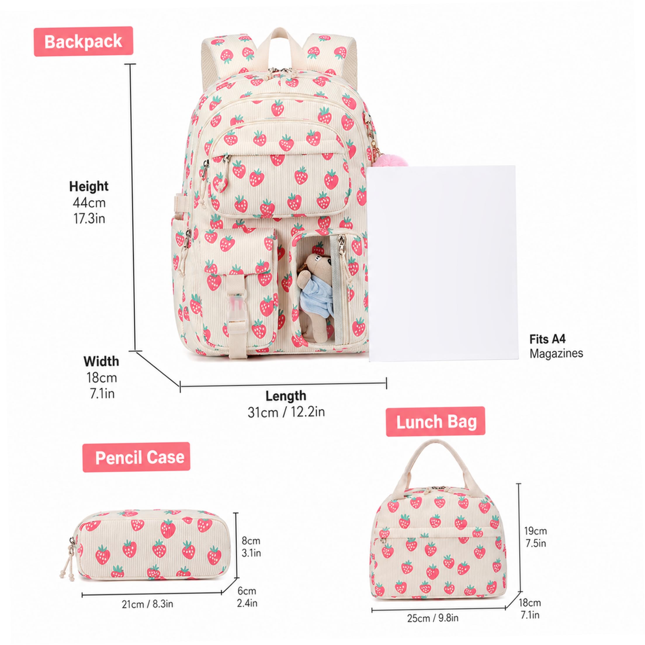 Zaino da scuola per ragazze da 3 pezzi Set di zaini in velluto a coste fragola carino per la scuola, 12x7x17 pollici, borse leggere di capacità