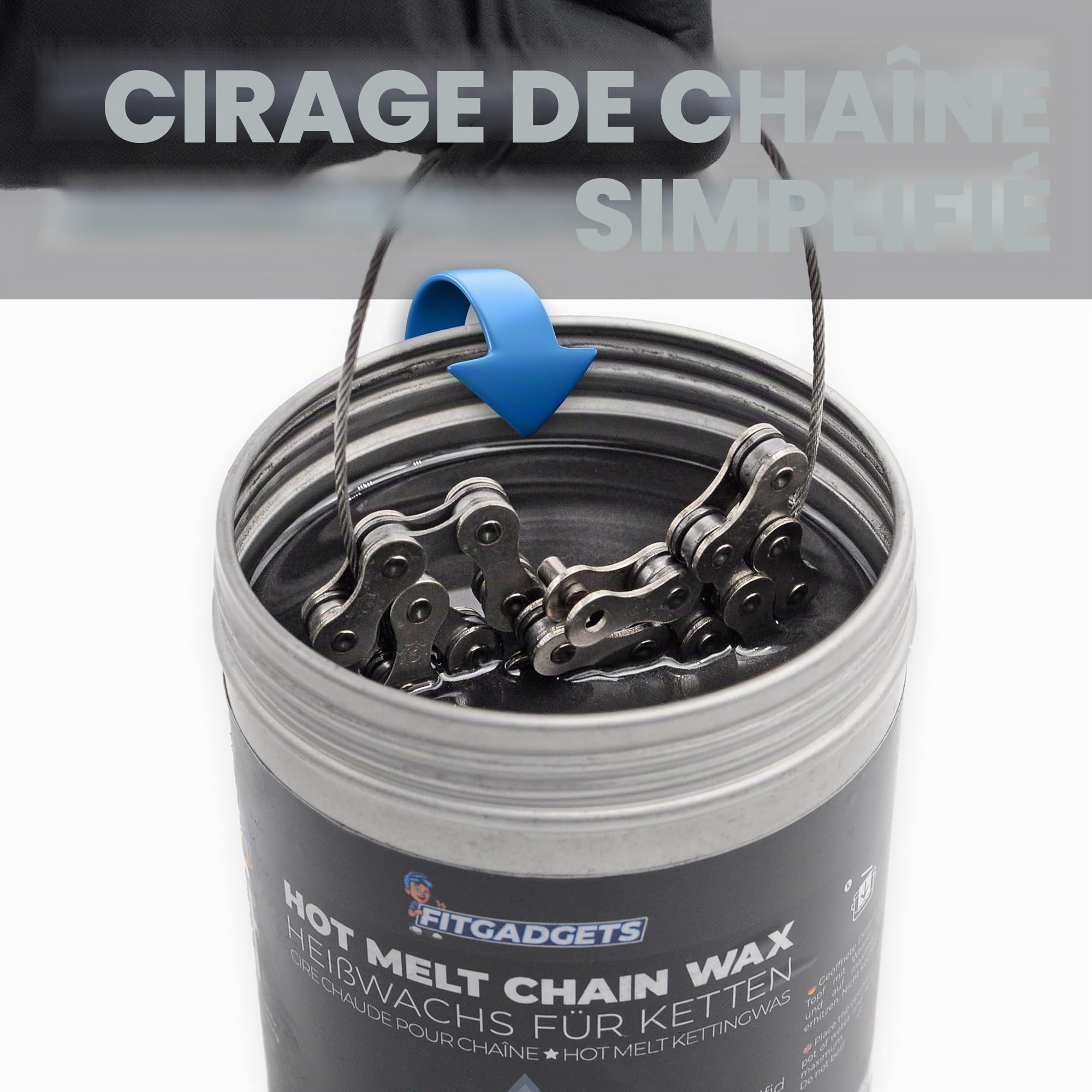 OH3 Fitgadgets Cire chauffante pour chaîne de vélo dans une boîte de cire chaude – Avec 3 supports de chaîne – 350 g de cire Hot Melt Chain avec graphite et sulfure de tungstène – Lubrifiant de cire