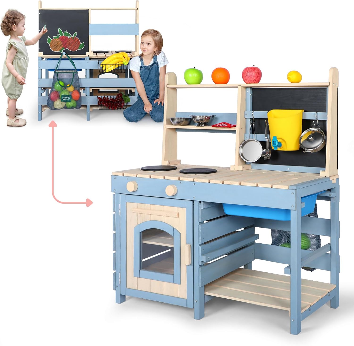 2 in 1 Mud Kitchen for Kids,Outdoor Play Kitchen & Grocery Store with Sink & Faucet