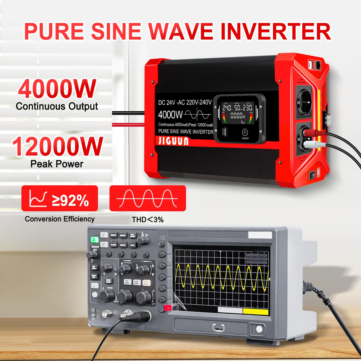 JIGUUN Konwerter 1500 W 12 V na 230 V z czystym sinusoidalnym pilotem zdalnego sterowania Wyświetlacz LCD 2 gniazdko UE i 1 port USB Moc szczytowa 3000 W do samochodu, na kemping, w podróży, w nagłych